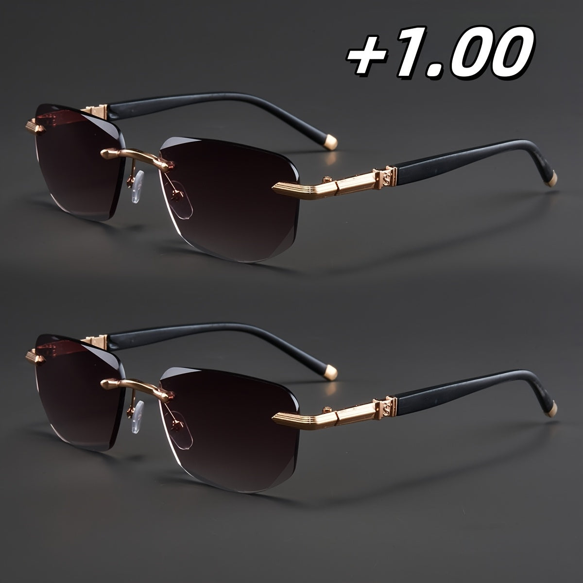 Two Pairs, Bundled Set, Stylish, Men'S, Exquisite, Luxurious, Rimless, Beveled Edge, Reading Glasses, Metal Frame, Options: 100, 150, 200, 250, 300, 350, And 400 Degrees, Without Battery, Christmas Gifts