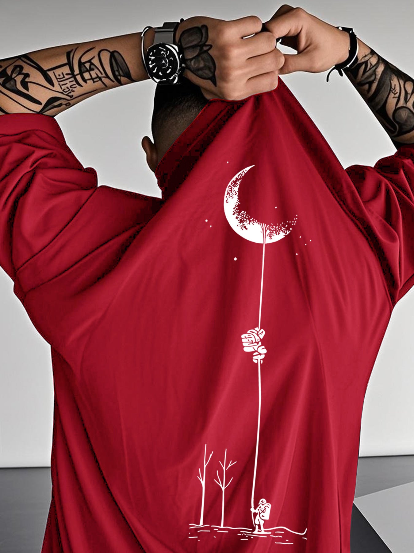 Moon and Trees Design Front & Back Graphic Crew Neck Cotton Summer Fashion Short Sleeve Casual Daily Style Top with Unique Geometric Pattern, Suitable for Spring/Summer Outdoor Activities