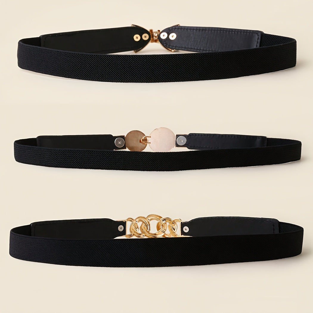 Lot de 3 ceintures élastiques simples, tendance et polyvalentes pour femmes – Ceinture élastique avec chaîne et nœud anti-perles, adaptée pour coupe-vent, robe, pull, veste, boucle en alliage