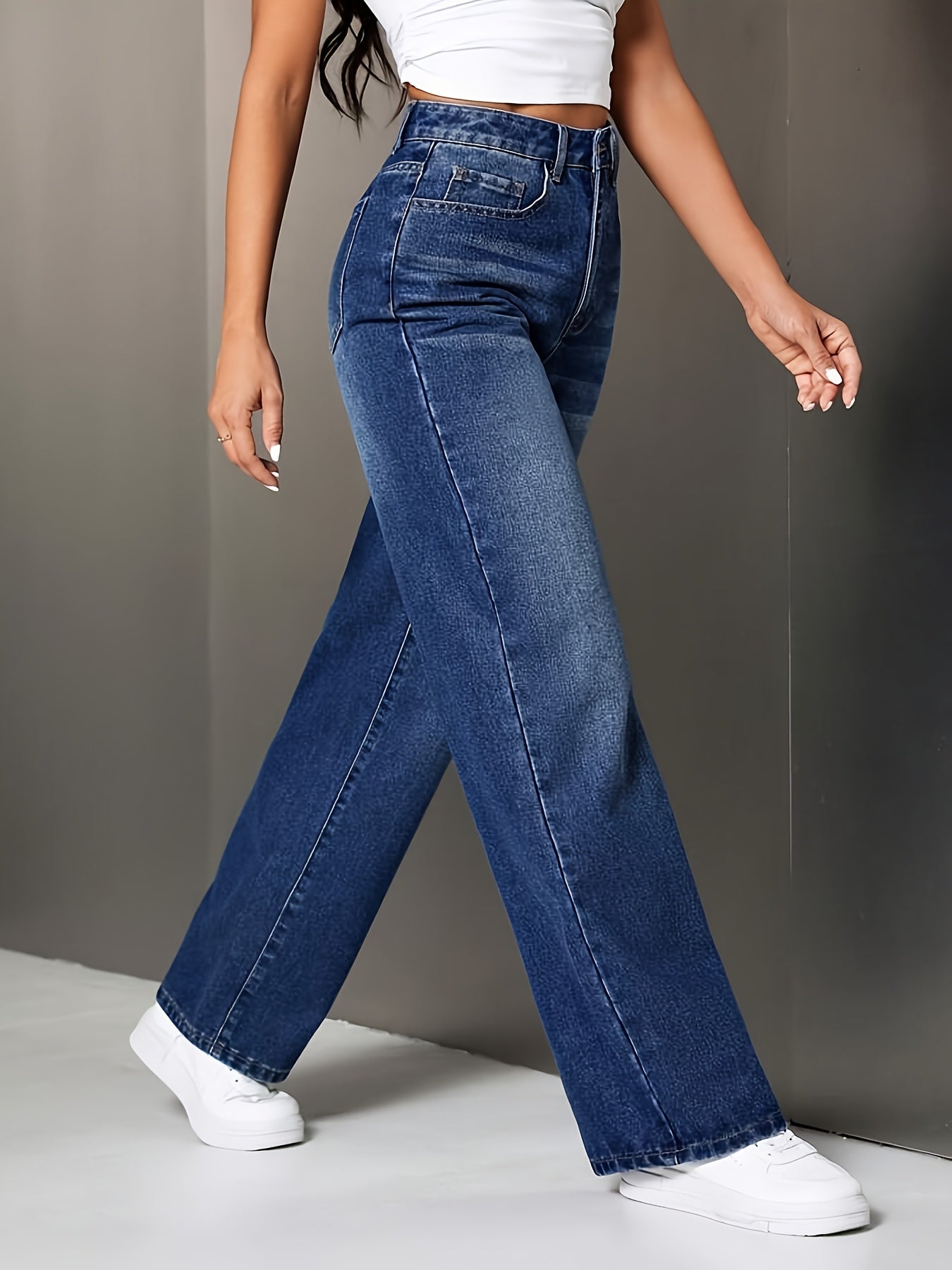 Pantalon Taille Haute à Jambe Large pour Femme CPUY – Coupe Droite, Tissu Stretch, Taille Mi-Haute Sans Ceinture, Longueur Cheville, Pour Tenues Décontractées et Formelles, Lavable en Machine – Jean Bleu Uni Élégant