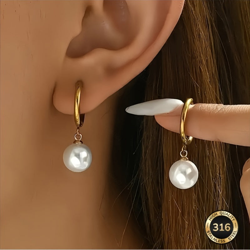 Boucles d’oreilles rétro françaises – pendentif perle imitation, acier inoxydable, hypoallergénique et anti-décoloration, confortables, couleur beige clair, adaptées au quotidien, mariages, Saint-Valentin, cadeau pour femme