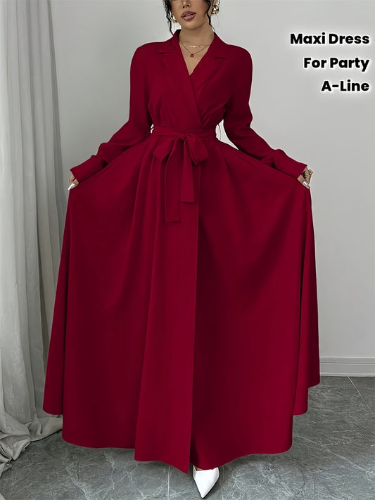Women's Elegant A-Line Maxi Dress with Collar & Lace-Up Waist - Solid Color Formal Wedding Party Dress, Long Sleeve Flowing Flared, Machine Washable (Elegant Special Line Collection)