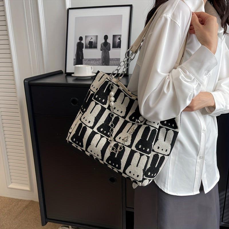 Sac Cabas Chic à Motif Lapin – Grande Capacité, Design Contrasté, Sac Décontracté à Porter à l’Épaule ou Sous le Bras, Fermeture Éclair