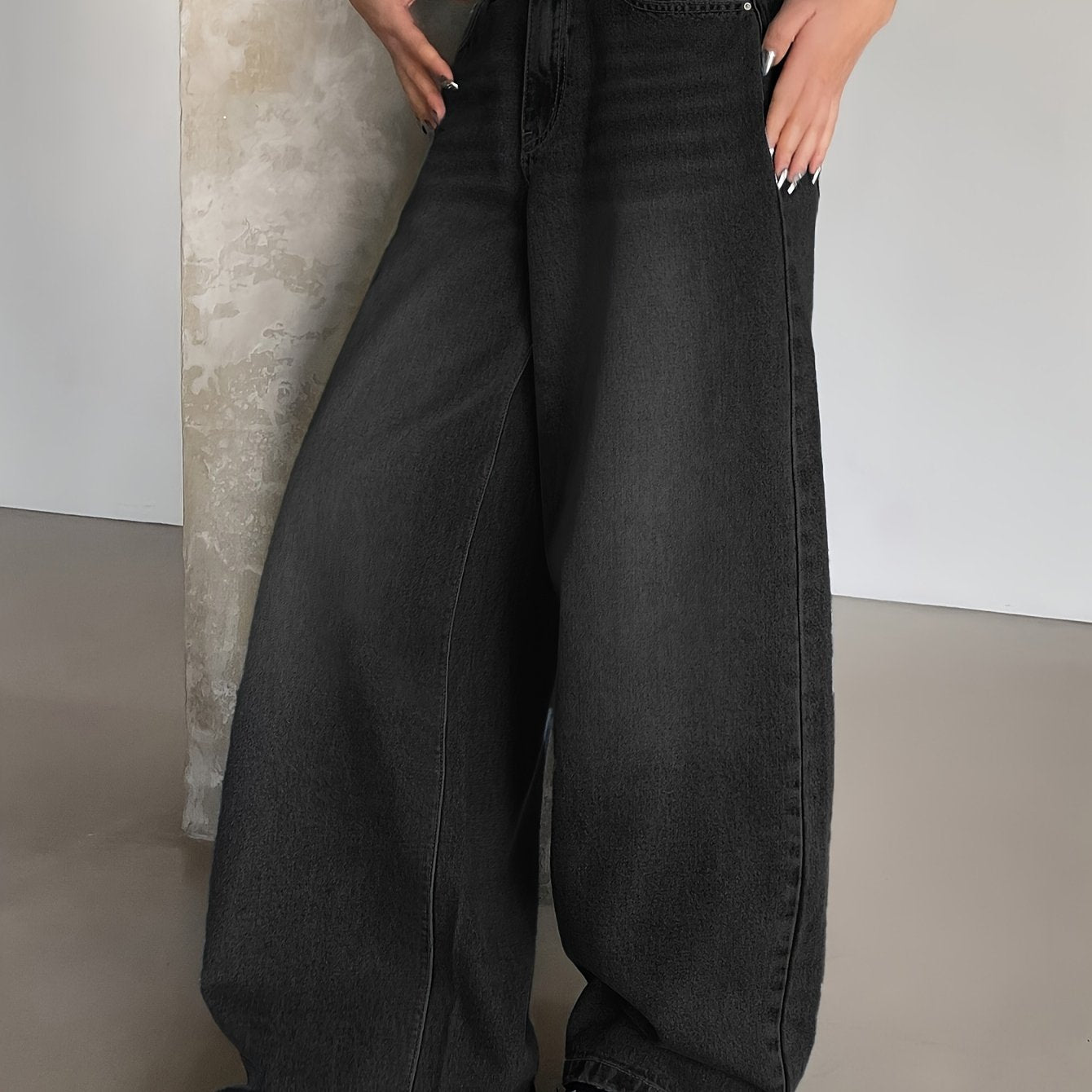 Jeans Femme Oversize Jambe Large Bleu Foncé Effet Usé Jambe Droite Poches Ourlet Net Non Extensible Toute Saison