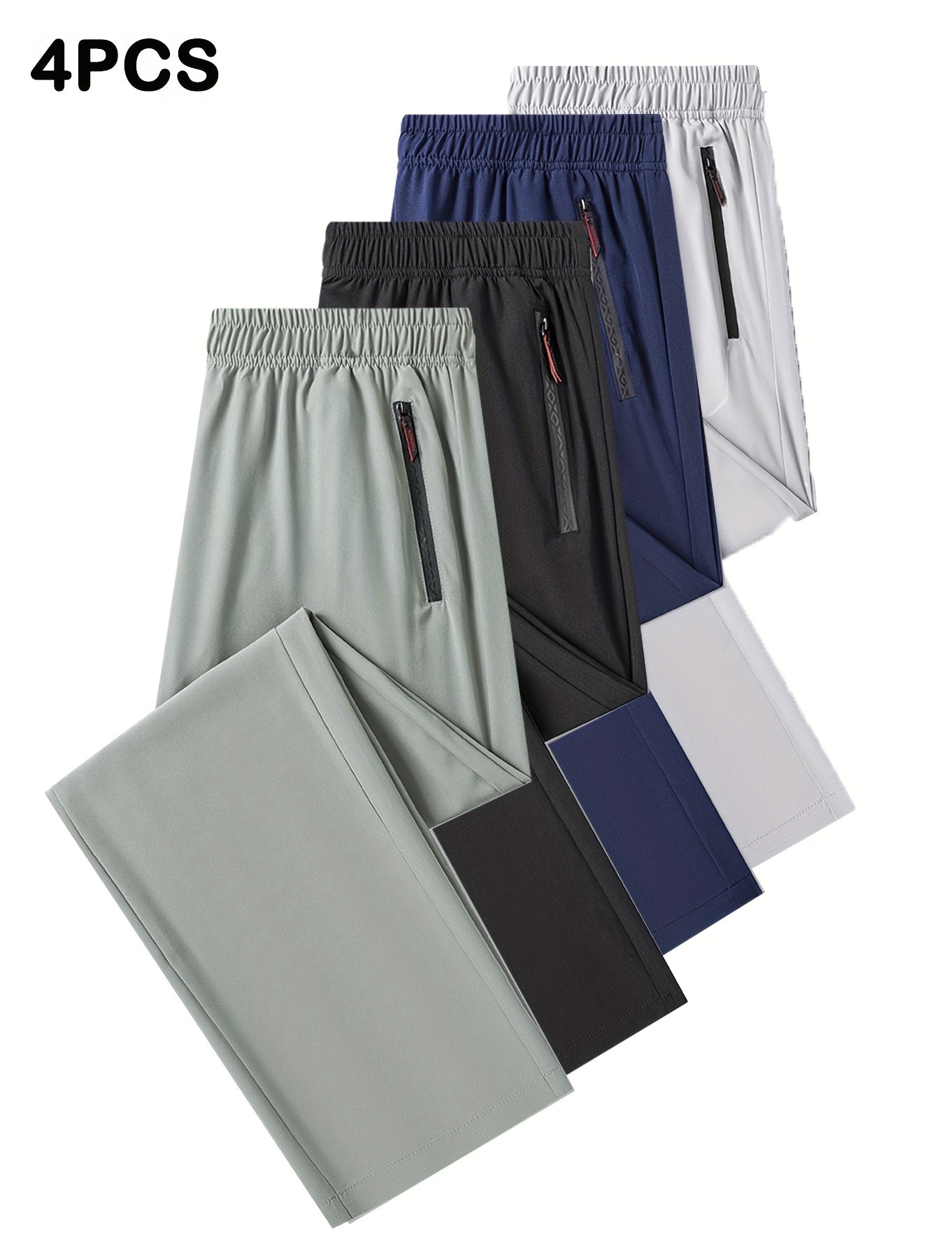 4pcs Pantalons Homme Casual – Cordon, Léger & Stretch, Poches Zippées, Running & Jogging