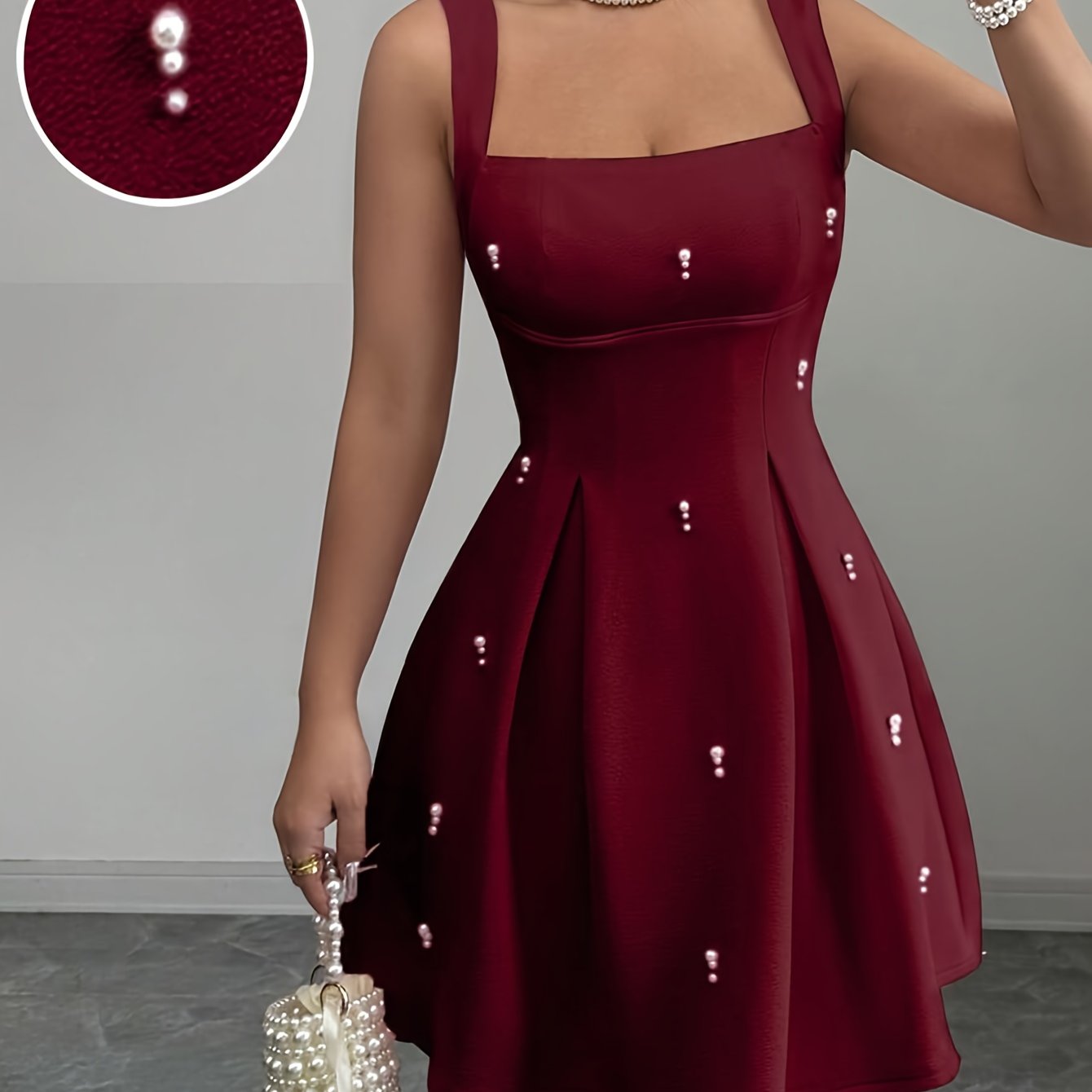 obe femme rose pastel sans manches – Col carré, jupe A-line évasée, chic