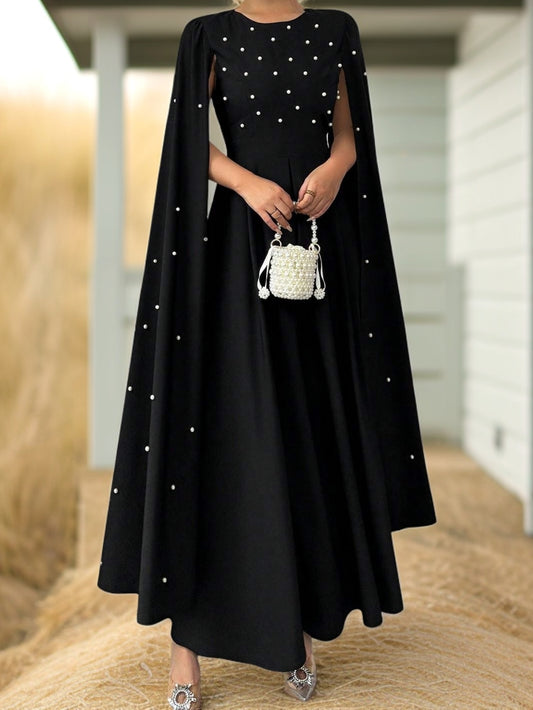 Cloak Sleeve Dress with Pearl Embellishments, Elegant And Fitted, Vintage Style, Evening Gown.