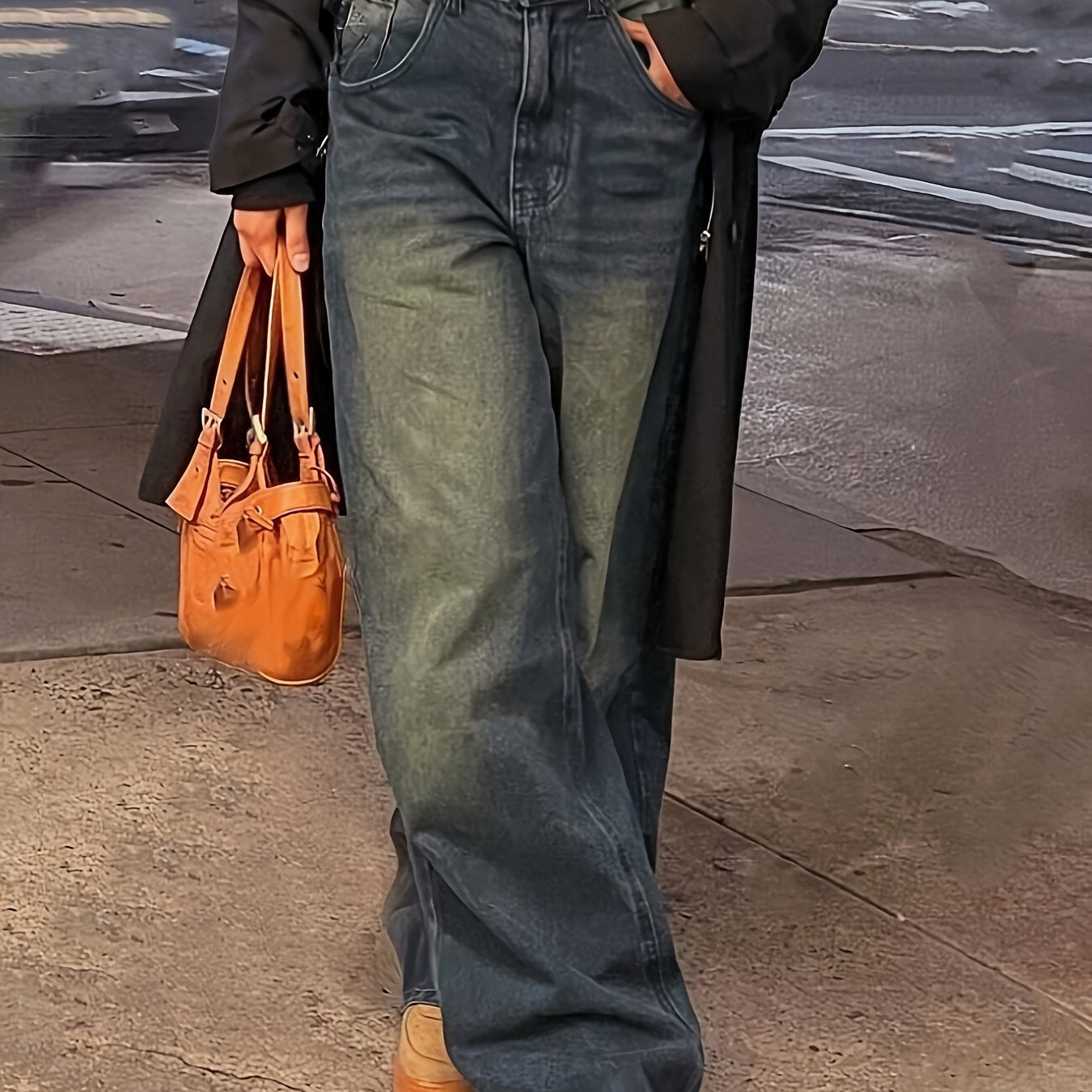 Jeans Femme Style Street Jambe Droite Couleur Unie Rétro Décontracté Longue Toute Saison Non Extensible