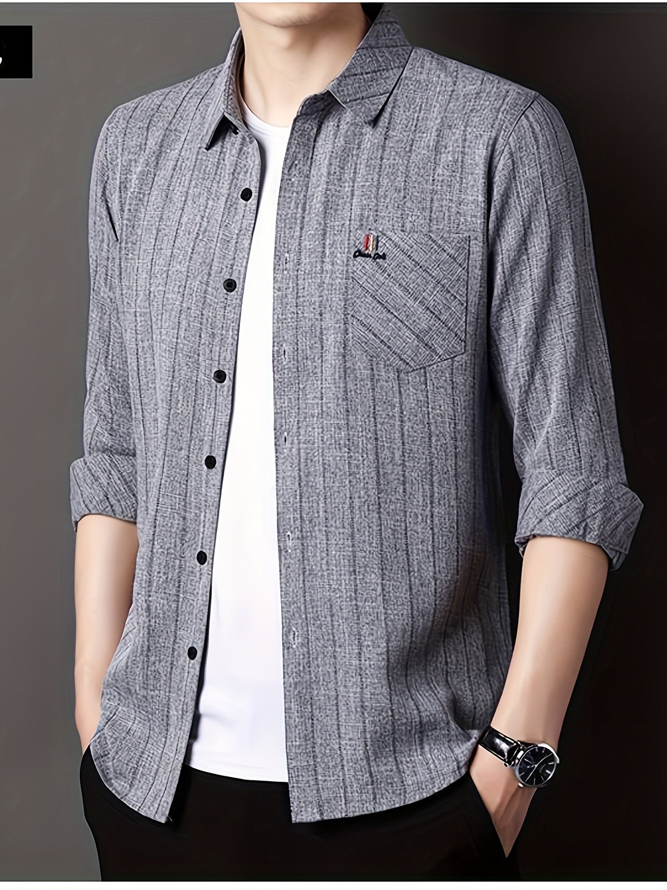 Men'S Striped Shirt with a Chest Pocket, Casual Long-Sleeve Shirt with a Collar.
