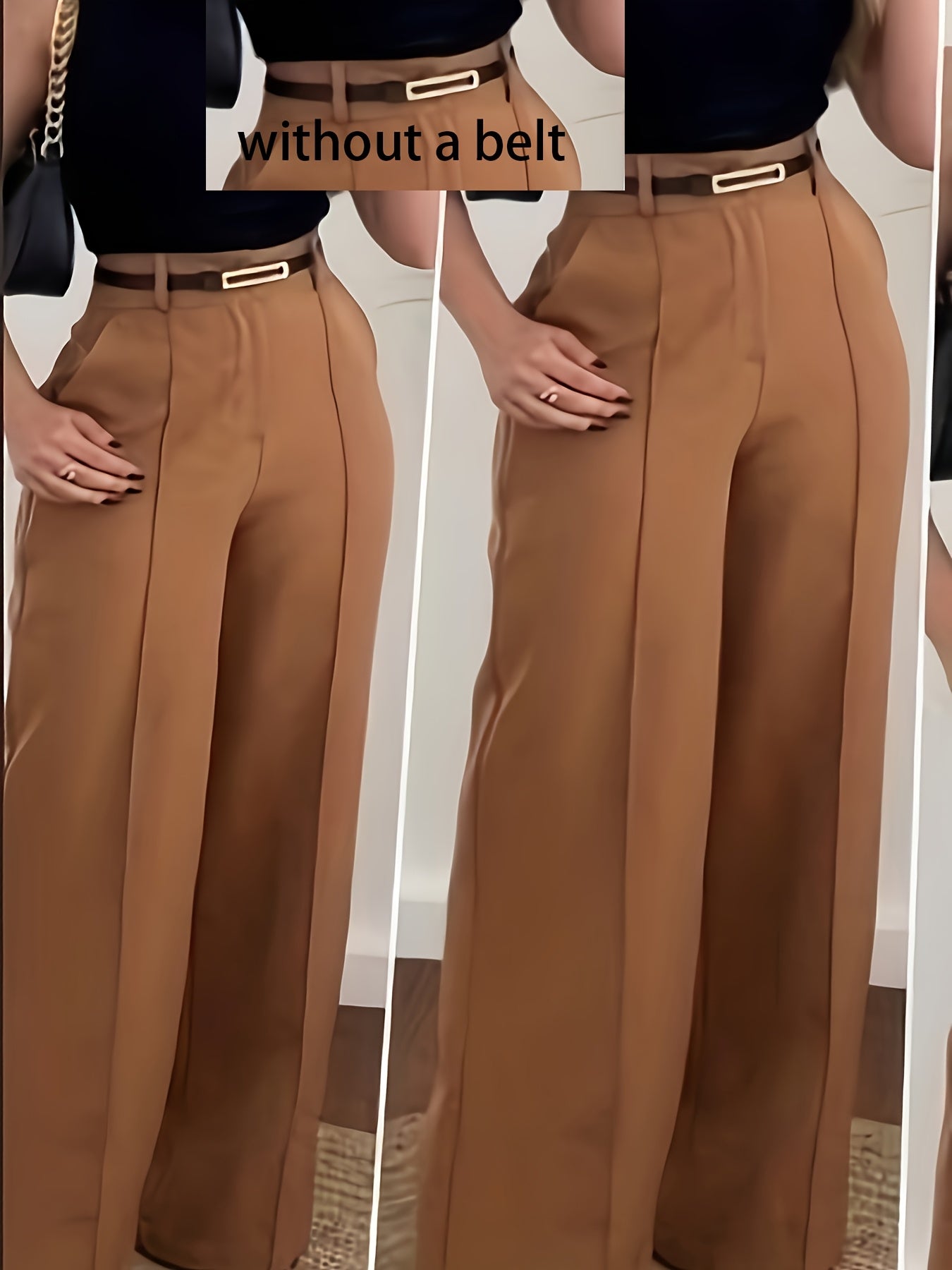 Pantalon Femme Élégant Taille Haute – Jambe Droite, Fermeture Zippée, Sans Ceinture, Couleurs Neutres (Marron/Beige/Noir/Gris), Bureau et Décontracté, Tous Saisons