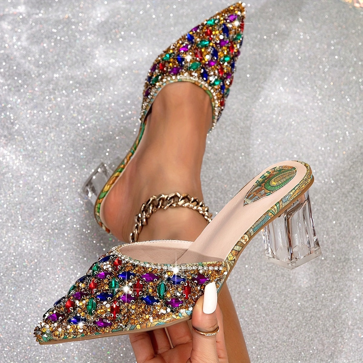 Chaussures à Talons Hauts pour Femme – Bout Pointu, Strass Colorés, Élégantes et Scintillantes, Talon Épais, Légères, Parfaites pour Soirées et Événements Formels