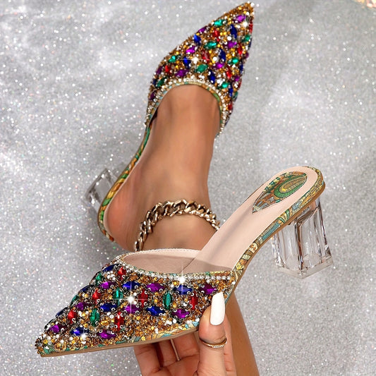 Chaussures à Talons Hauts pour Femme – Bout Pointu, Strass Colorés, Élégantes et Scintillantes, Talon Épais, Légères, Parfaites pour Soirées et Événements Formels