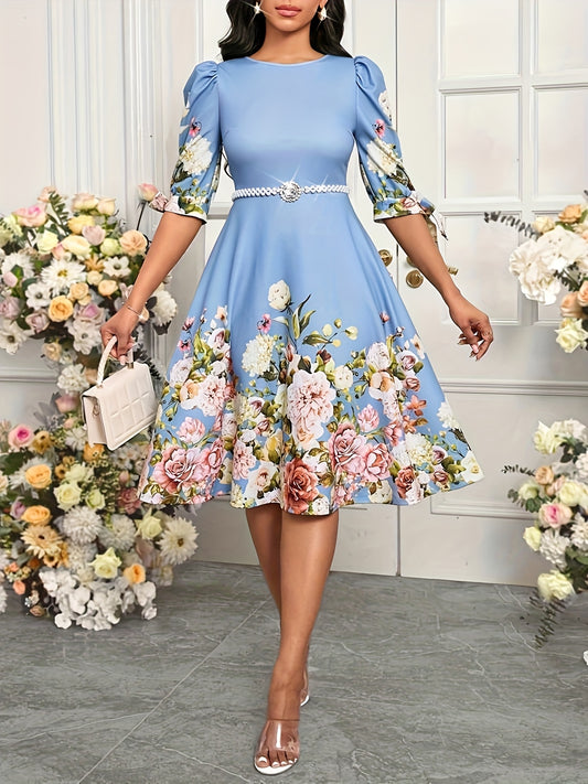 Summer Elegant Directional Style Floral Print Round Neck Bubble Short Sleeve Bow Women'S A-Line Dress