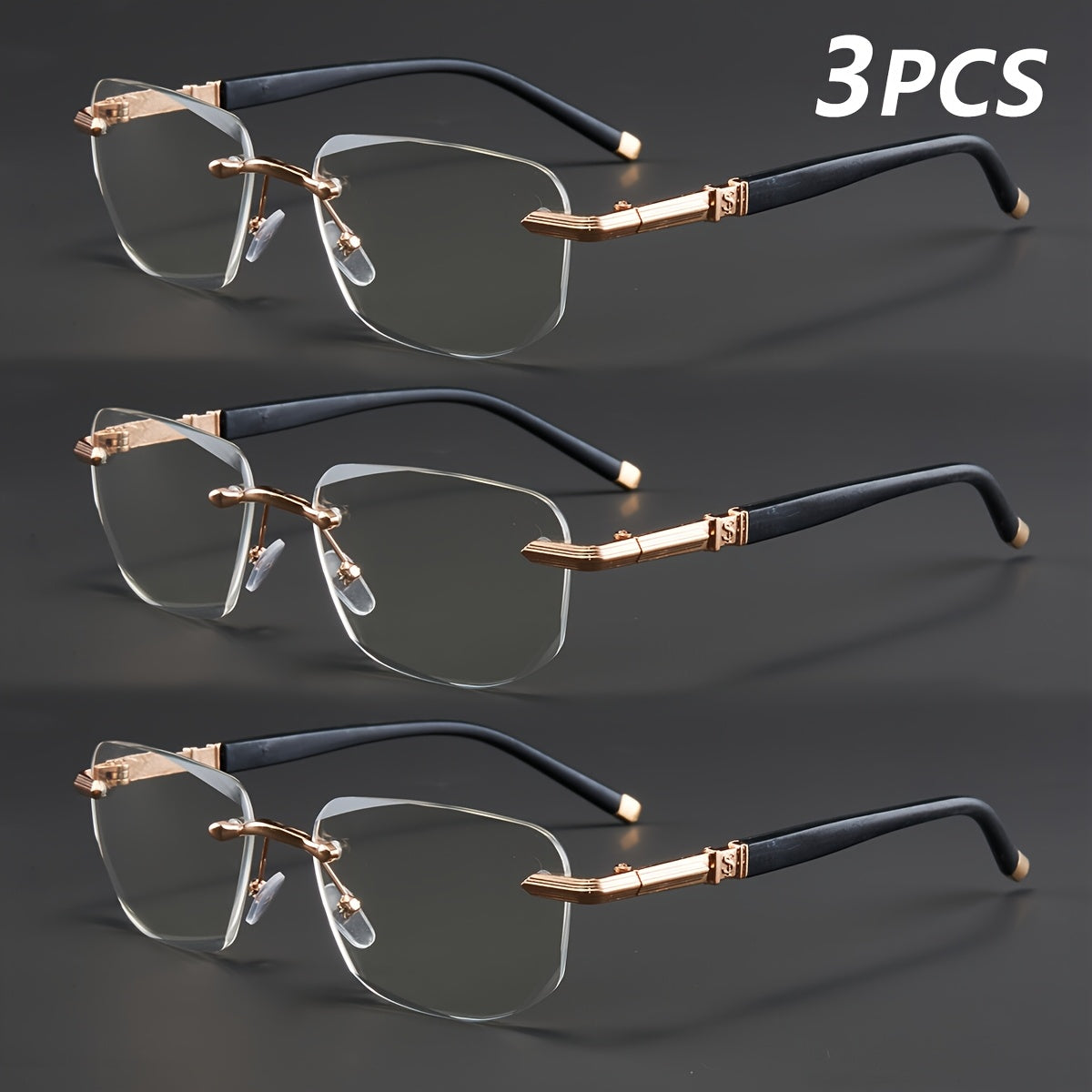 3-Pack, Stylish Men's Frameless Reading Glasses, Elegant Metal Frame, Options: 100, 150, 200, 250, 300, 350, 400 Degrees,christmas Gifts