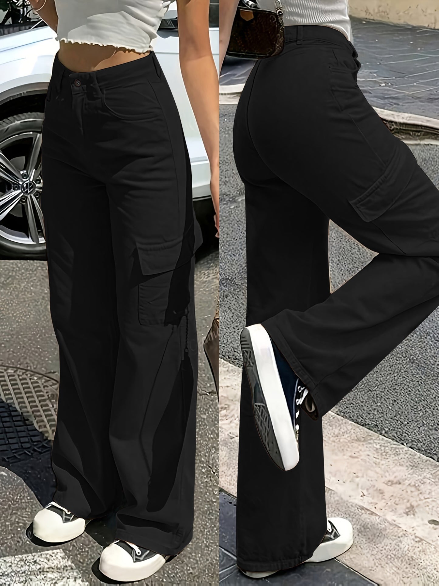 Pantalon Cargo Femme Taille Haute – Jambe Large avec Boutons, Tous Saisons