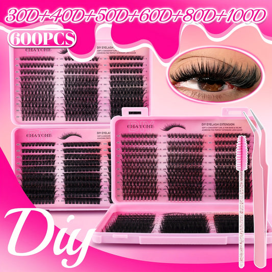 600/200 pcs Cils Individuels – Kit d’Extensions DIY 30D/40D/50D, Inclus Pince et Brosse Douce, Cils Réutilisables, Parfaits pour Maquillage de Soirée, Scène et Festivals