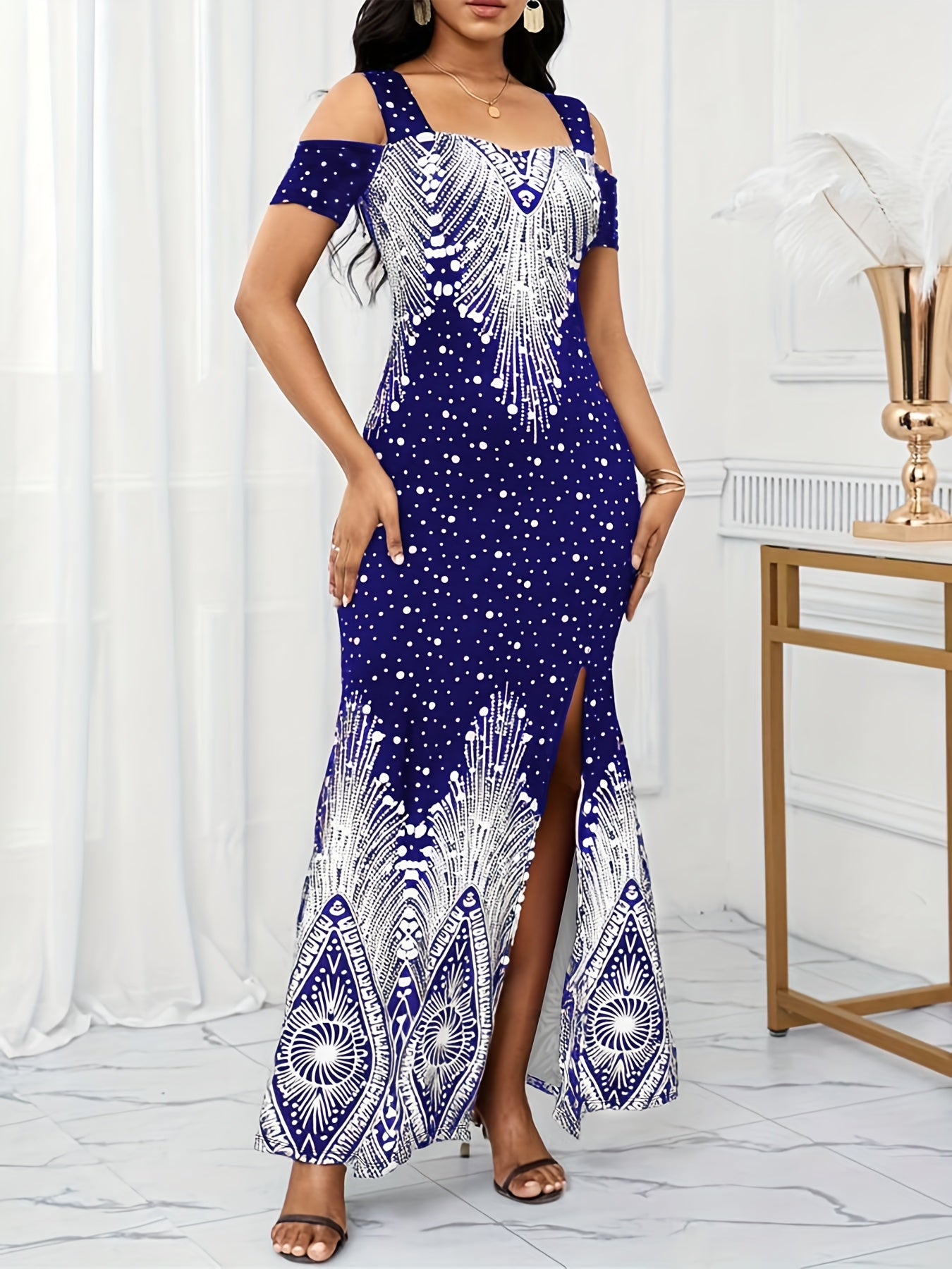 Women's Elegant Paisley Print Square Neck Off-Shoulder Evening Dress - Short Sleeve Bodycon Mermaid with Side Slit & Waist Accent, Machine Washable Summer Formal Party Wear, Evening Event Attire, Stretchy Fabric Gown, Comfort