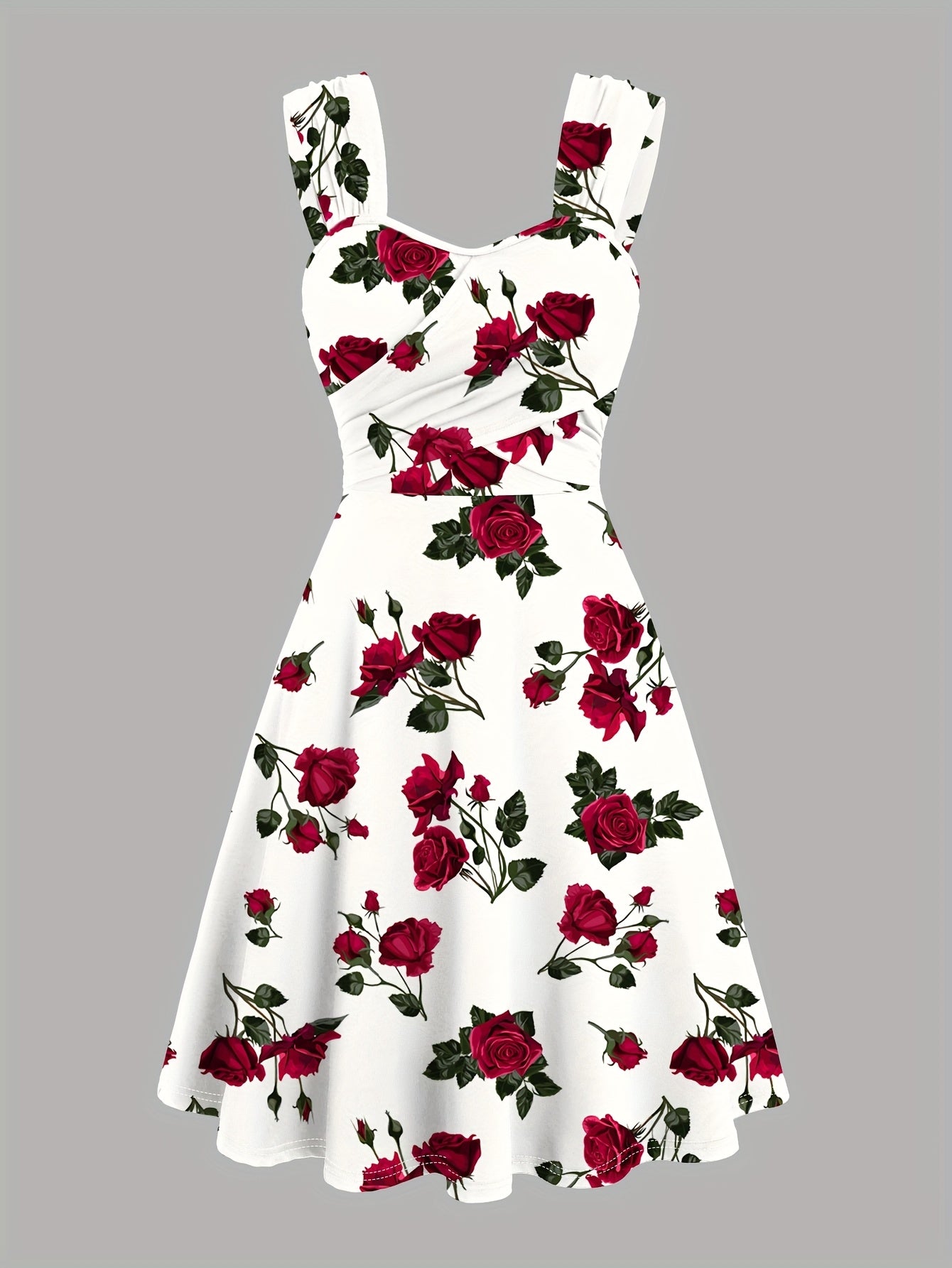 Robe élégante décontractée pour femme, imprimée de roses, plissée sur le devant, à larges bretelles croisées et épaules dénudées