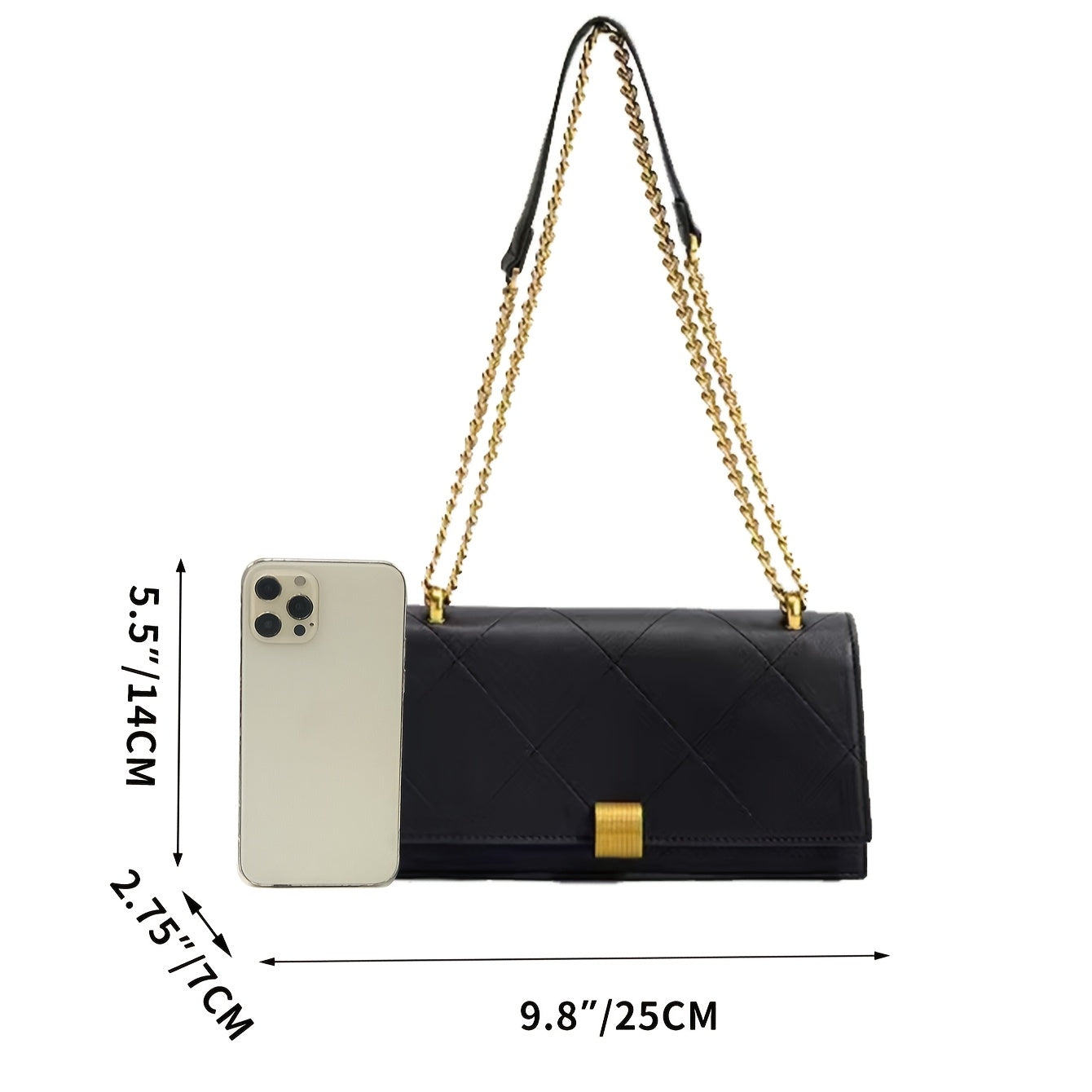 Sac à main synthétique élégant pour femmes – design moderne, bandoulière chaîne réglable, ferrures dorées, noir uni, fermeture boucle dorée, doublure structurée