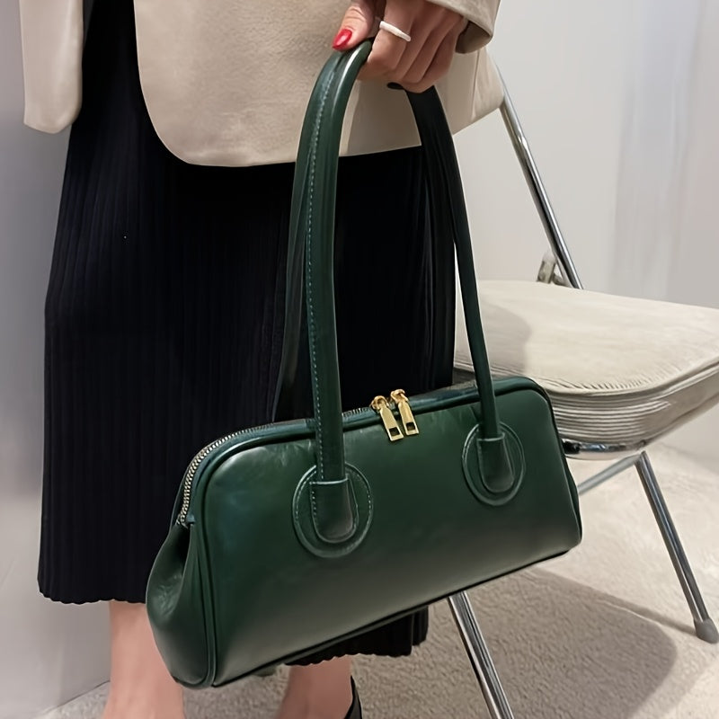 Sac épaule vintage pour femmes – style baguette français chic automne/hiver 2025, doublure polyester, fermeture zippée, marron foncé élégant avec ferrures dorées, polyvalent et sécurisé pour voyages