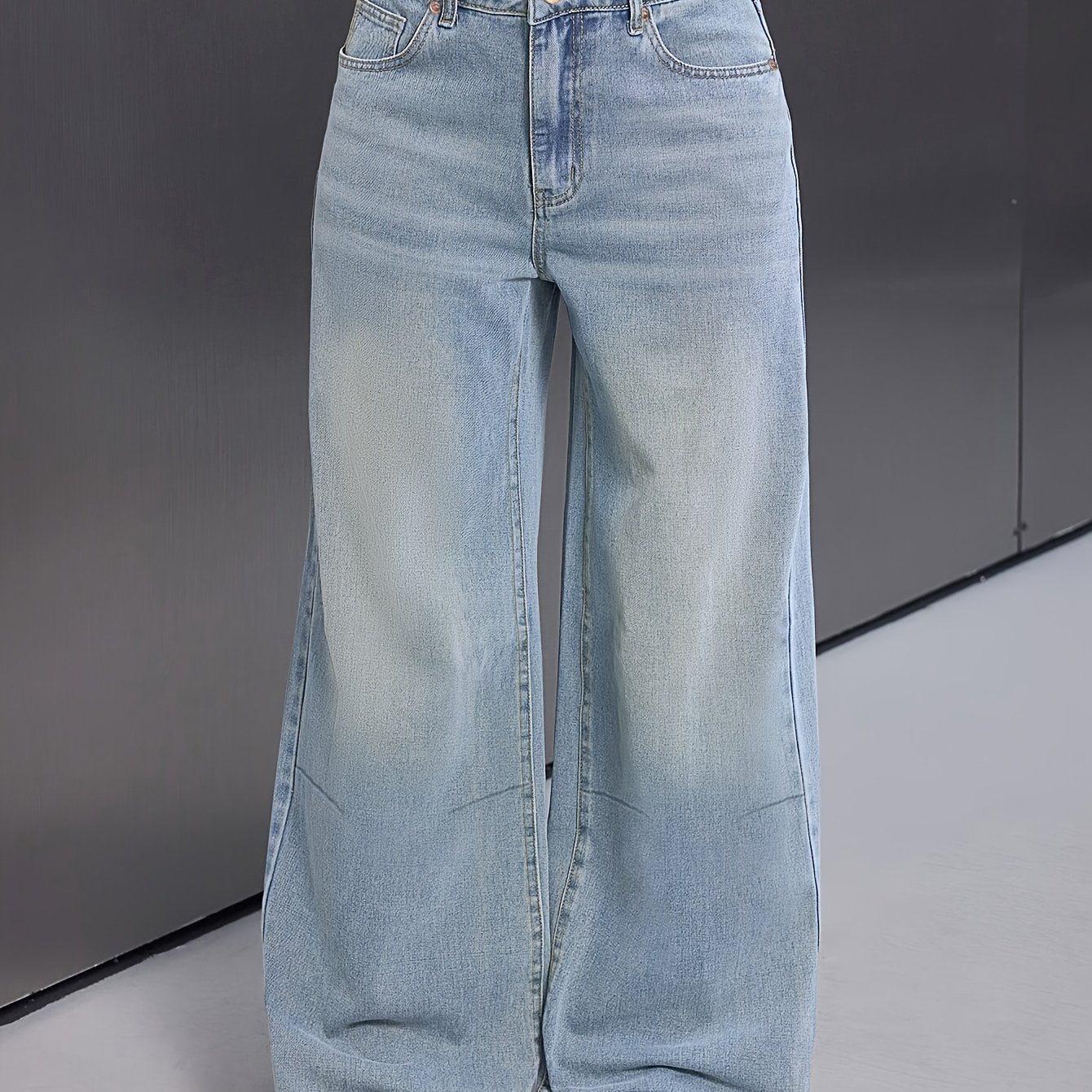 Jeans femmes– coupe décontractée, taille élastique, patchwork à double bouton, style baggy, tailles plus, bleu délavé et kaki