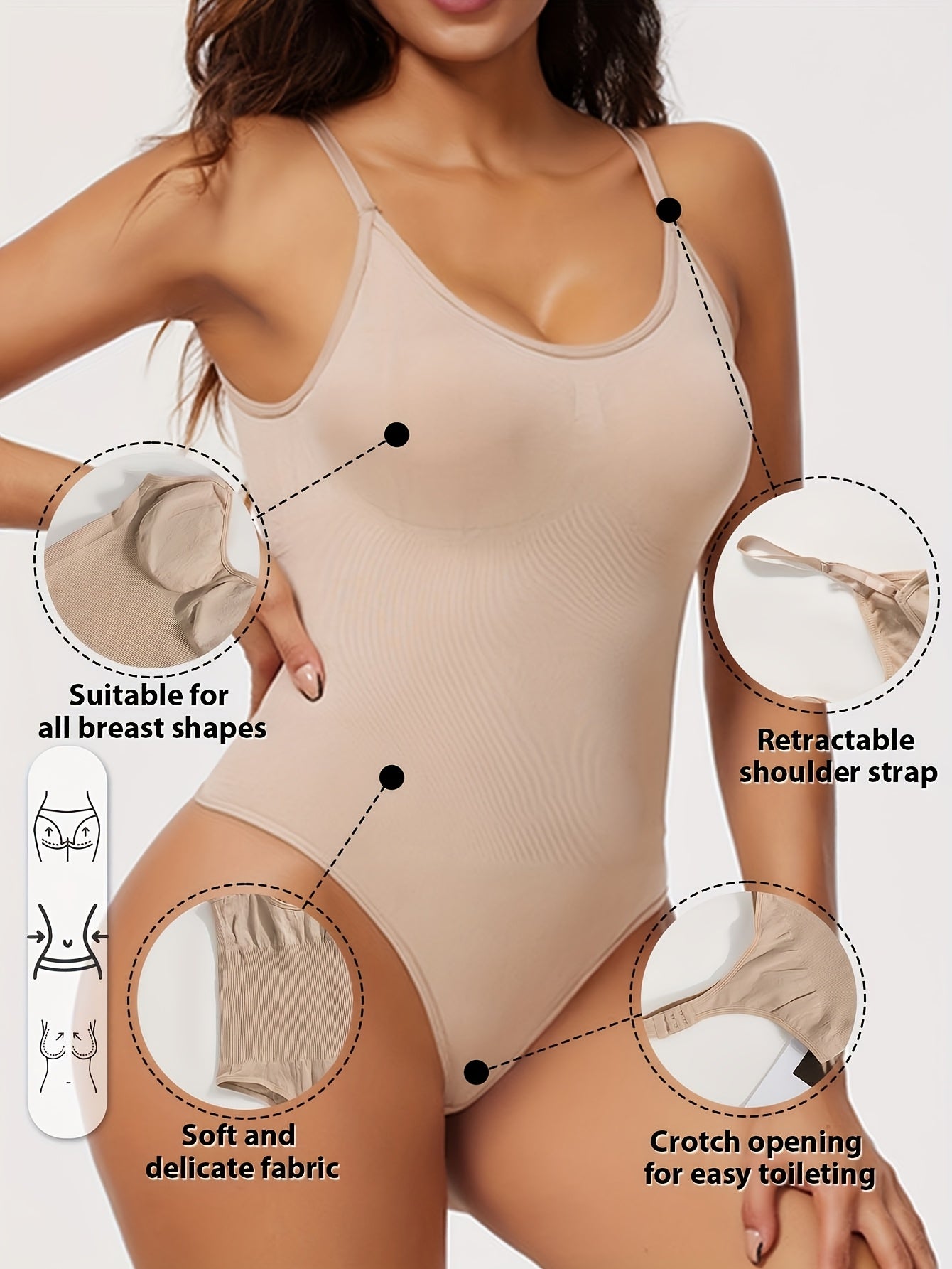 Body sculptant femme sans couture avec string intégré, ouverture à l’entrejambe et bretelles réglables, maintien moyen, sans coques poitrine