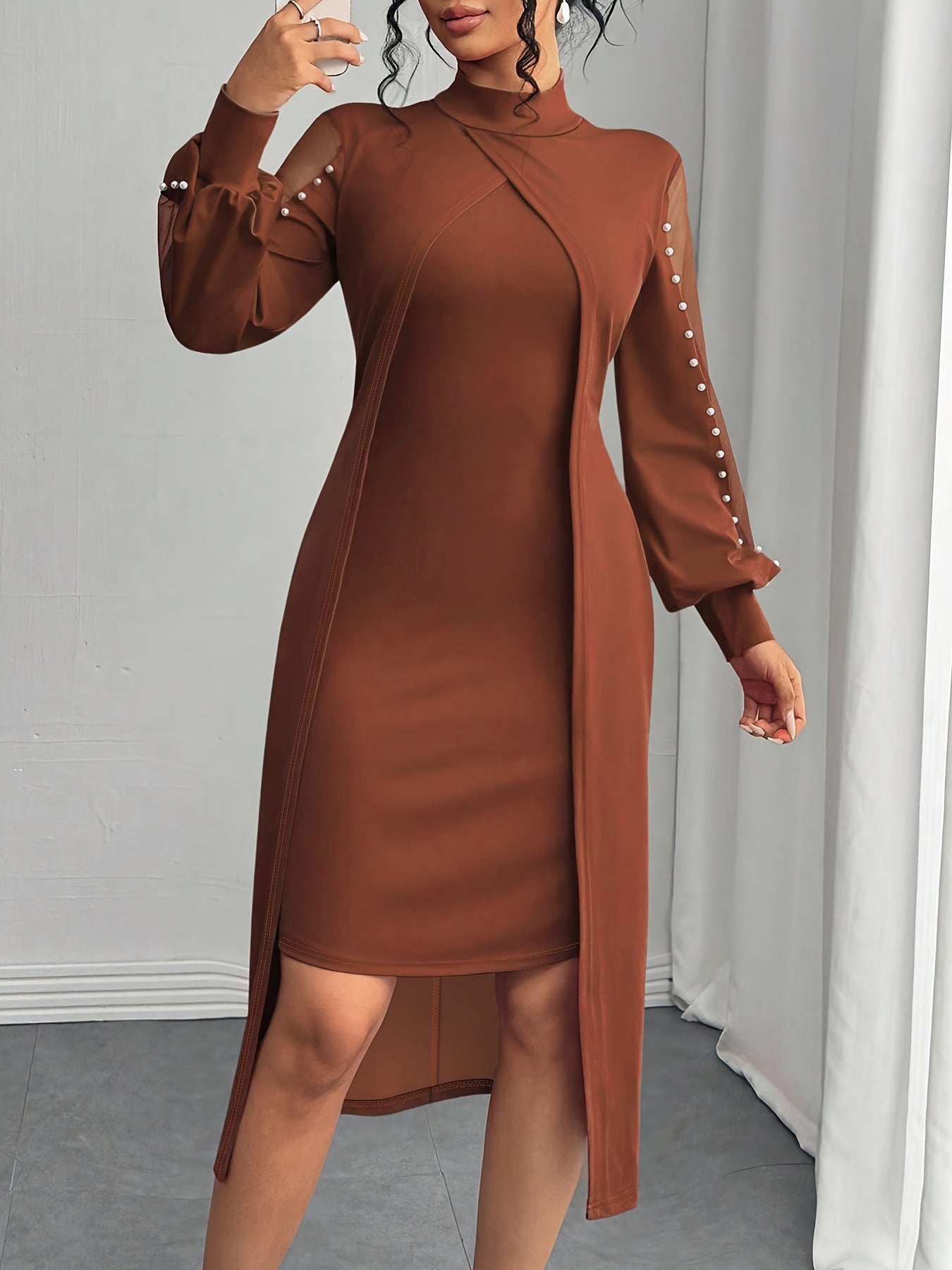 Robe Longue Grande Taille Élégante – Marron/Rouge, Coupe Flatteuse, Idéale Soirées, Bureau et Tenues Automne/Hiver