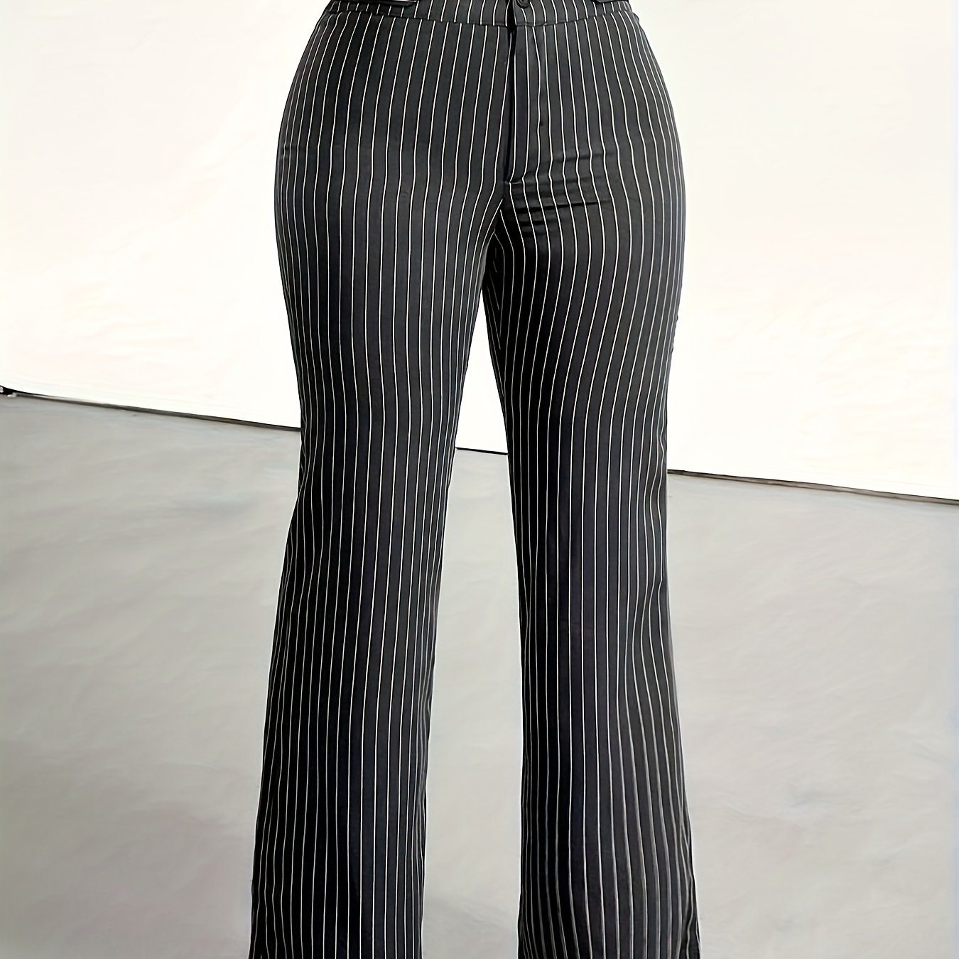 Pantalon Femme Jambe Évasée – Rayures Verticales Blanc/Noir/Navy, Tous Saisons, Bureau et Décontracté