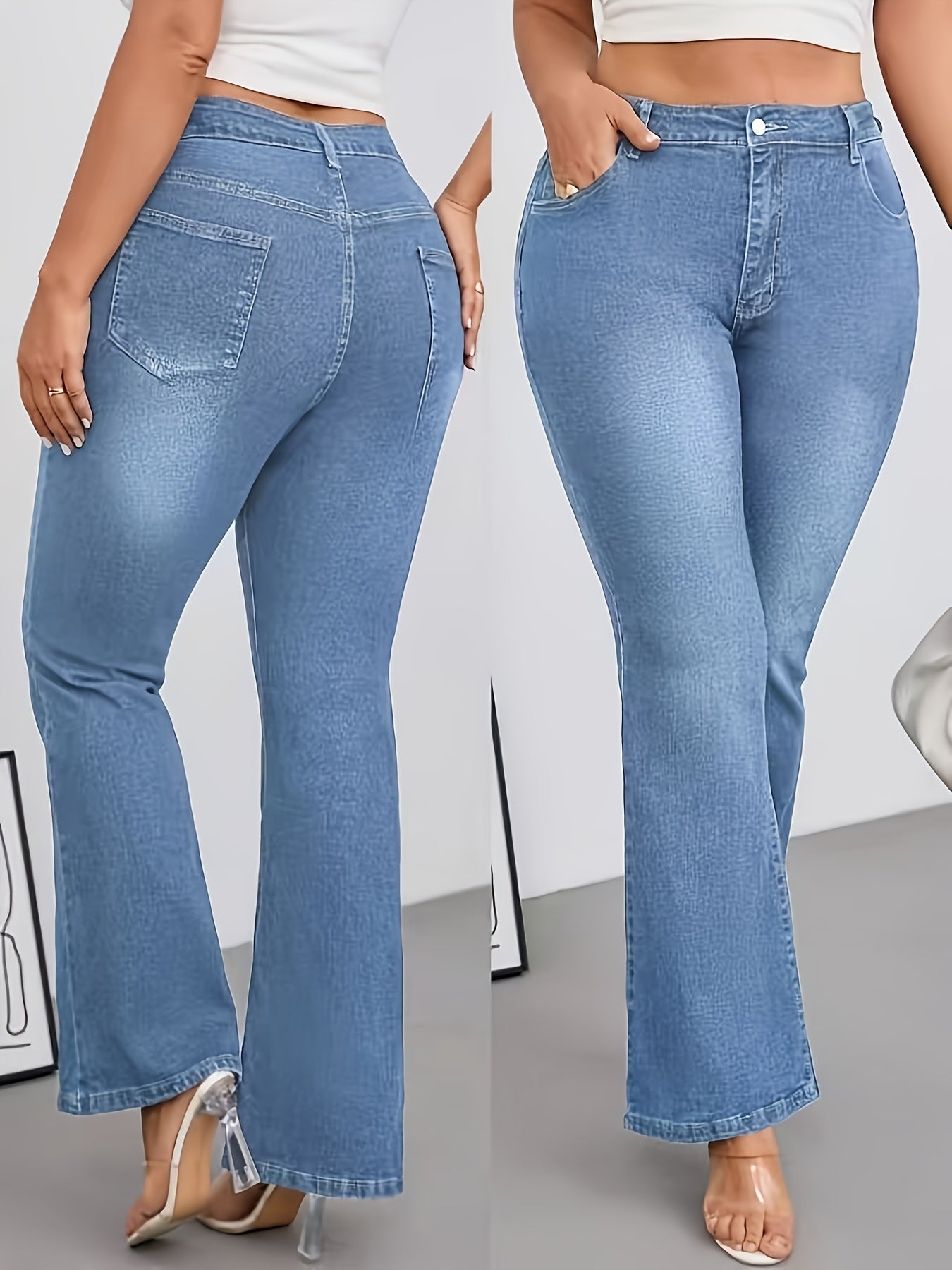 Jeans Femme Grande Taille Taille Haute Évasé Extensible Bleu Poches Obliques Boutons Toute Saison Élégant Décontracté et Formel