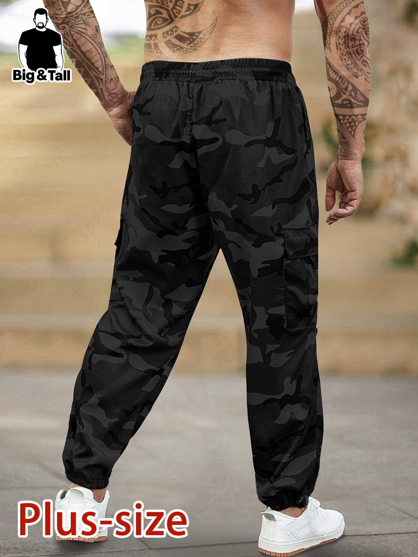 Pantalon camouflage grande taille  pour homme – poches à rabat, taille à cordon, cargo outdoor respirant, idéal chasse et tenue décontractée, printemps/automne, coupe régulière