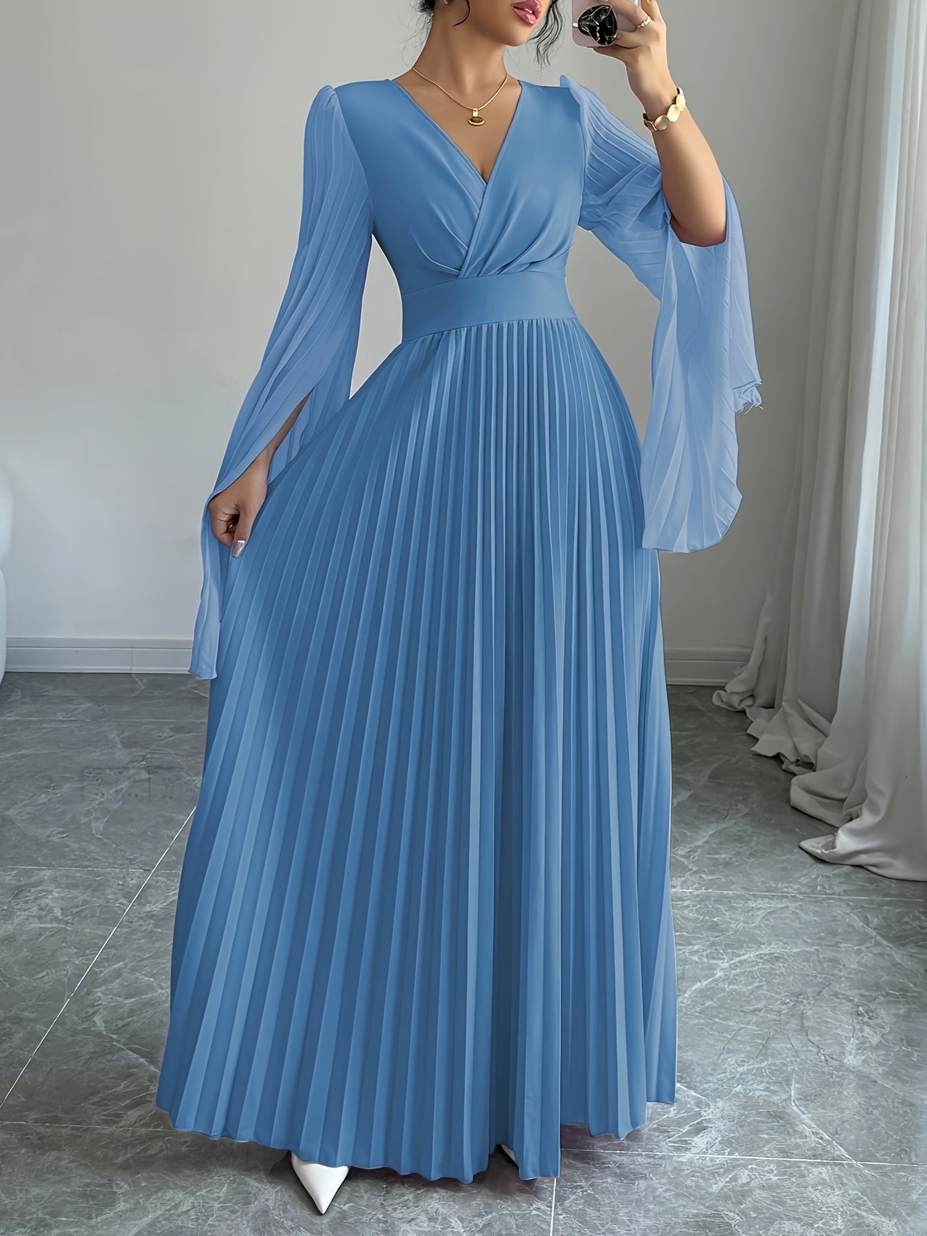 Elegant And Romantic Long Dress for Women with a V-Neck And Pleated Open Sleeves, Perfect for Parties, Gatherings, And Casual Occasions. This Solid Color, Waist-Cinching, Pleated Skirt Is a Fashionable And Versatile Choice fo