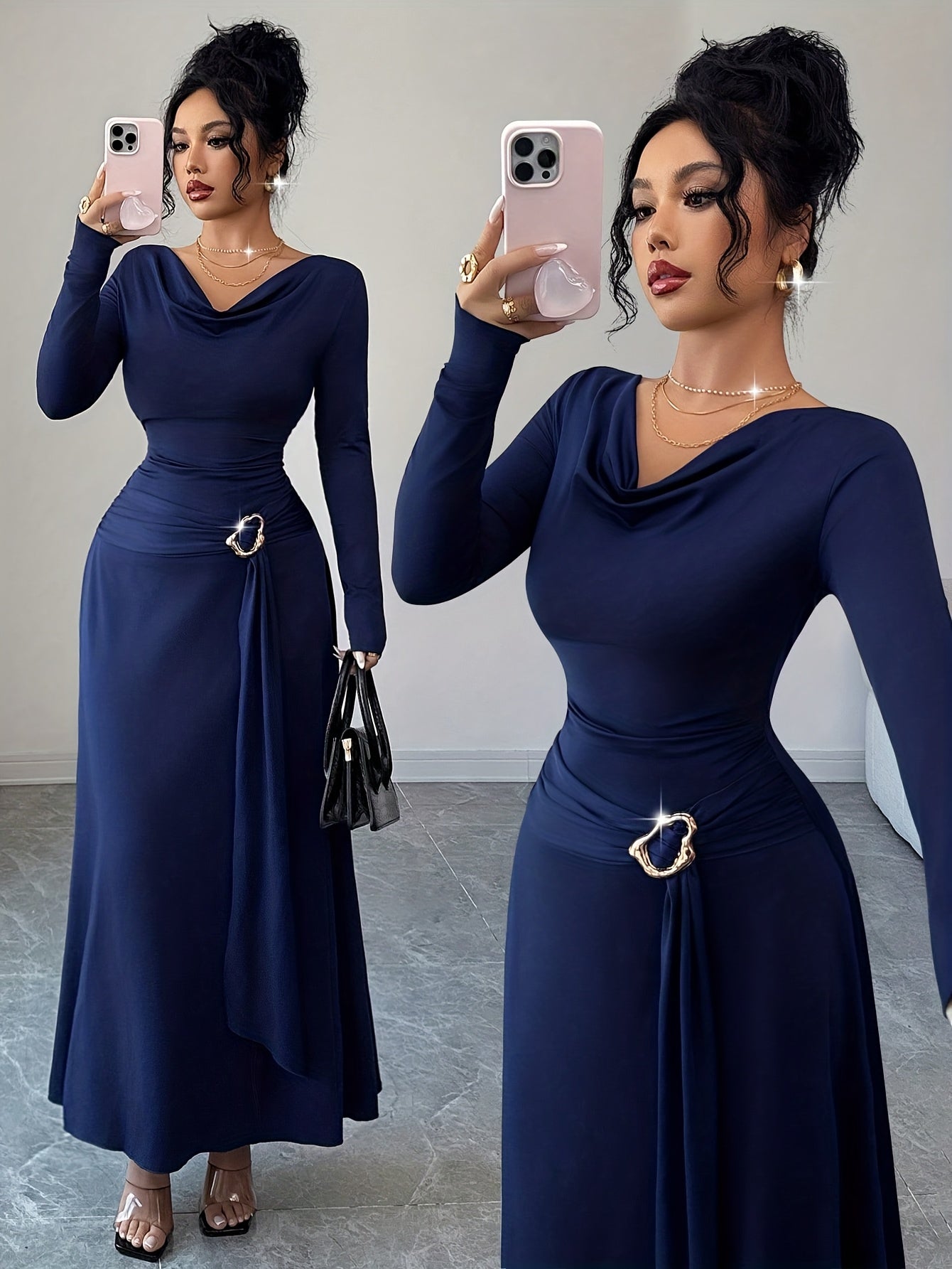 Women's Elegant Pile Neck Belted Wrinkle Dress - High-Elasticity Long Sleeve A-Line Maxi, Belted Waist Spring/Autumn Wedding Guest Party Attire, Machine Washable Solid Color Dress