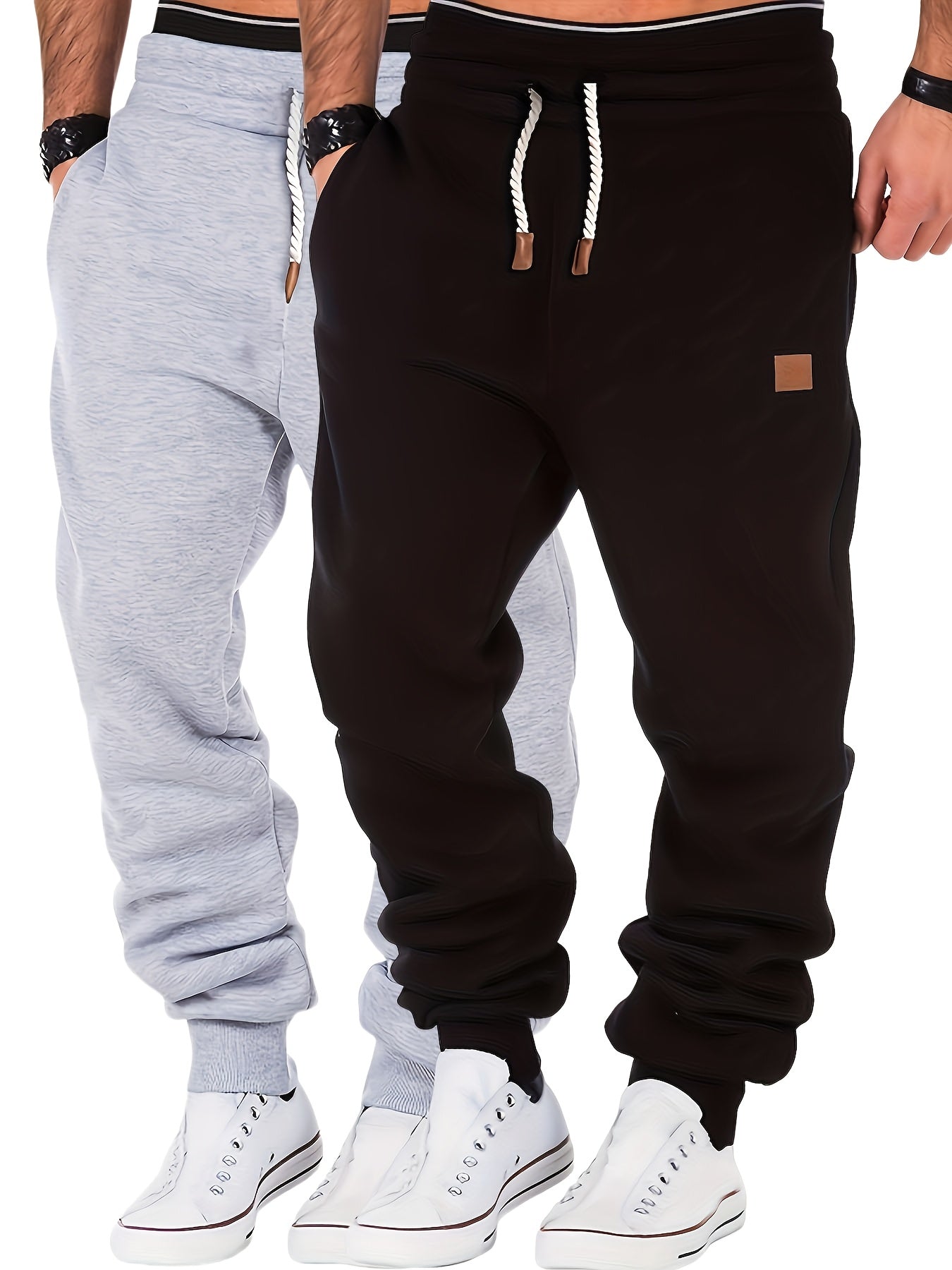 2pcs Joggers Homme – Polaire, Gris, Cordon, Sport & Casual, Hiver