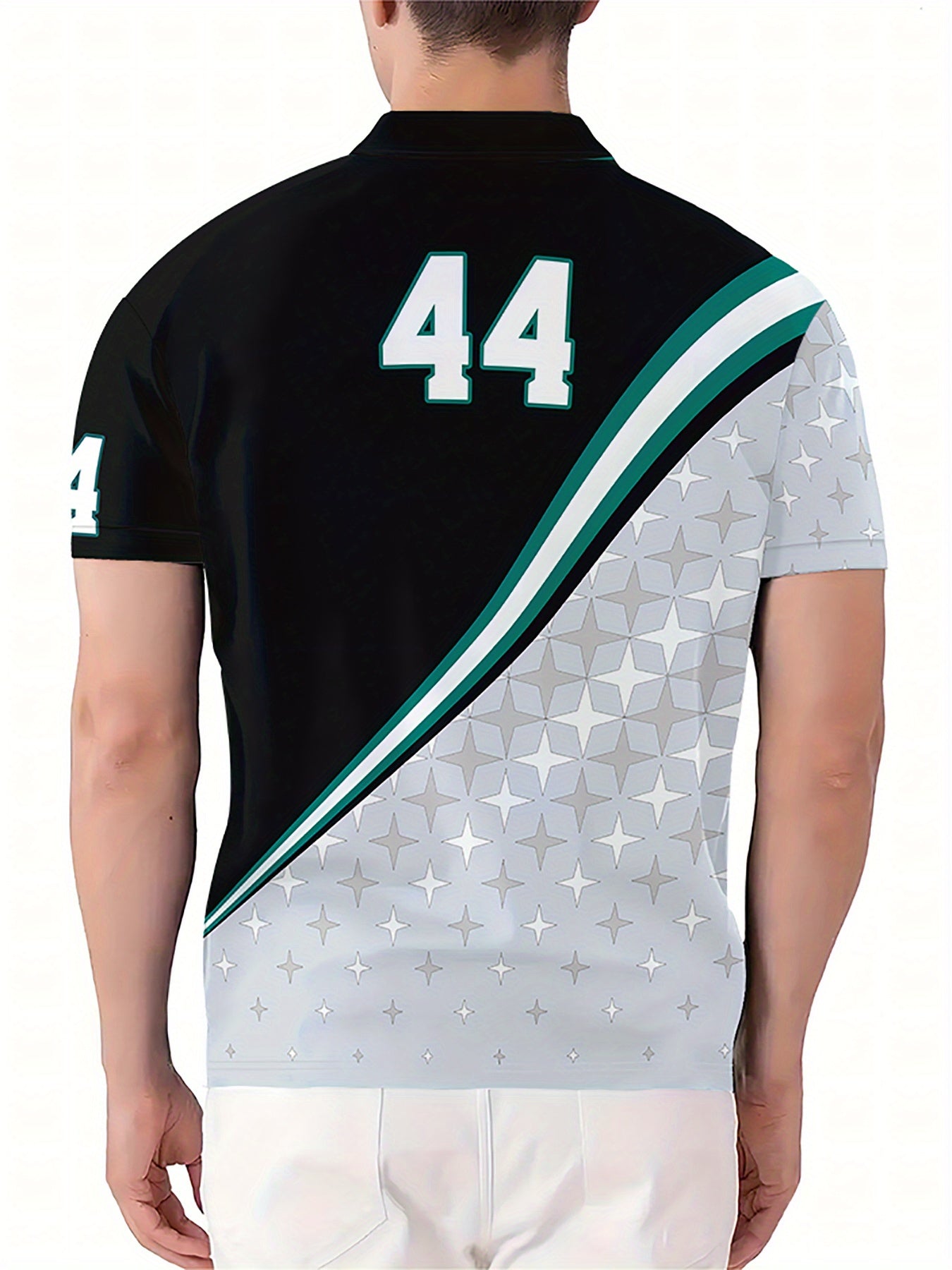 Men's 3D Digital Print Racing Shirt - Summer Short Sleeve with Zipper Collar, Striped Design & Bold '44' Graphic, Breathable Machine-Washable Fabric for Casual & Sporty Style, Summer Outfit, Comfortable Fit