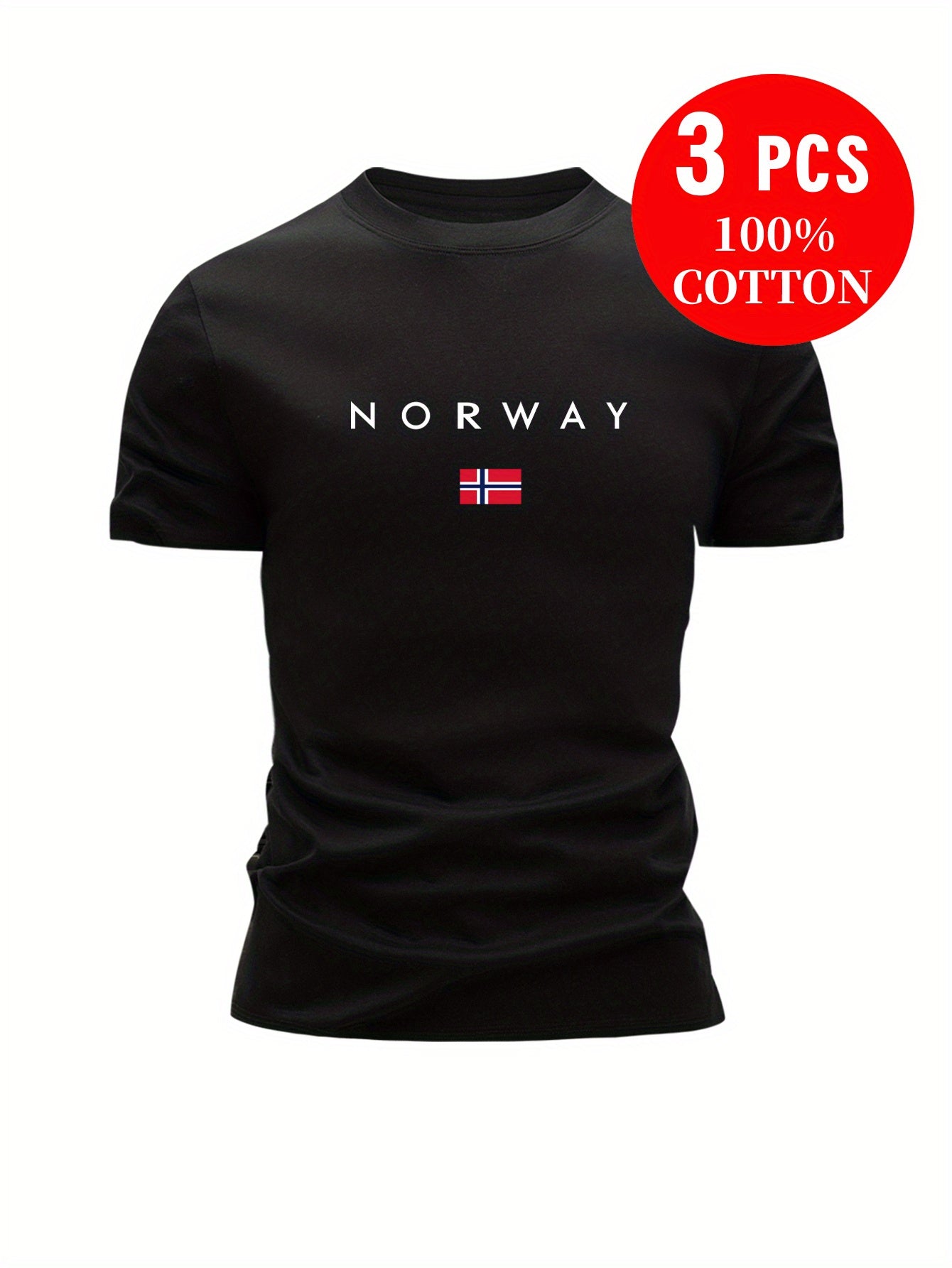 3pcs Men'S 100% Cotton Slim Fit T-Shirts - Breathable & Sweat-Wicking Summer Casual Tees with NORWAY Letter Print, Round Neck Short Sleeve, Light Blue/White/Black, T-shirt Stylish, Comfortable Clothing, Minimalistic Design, B