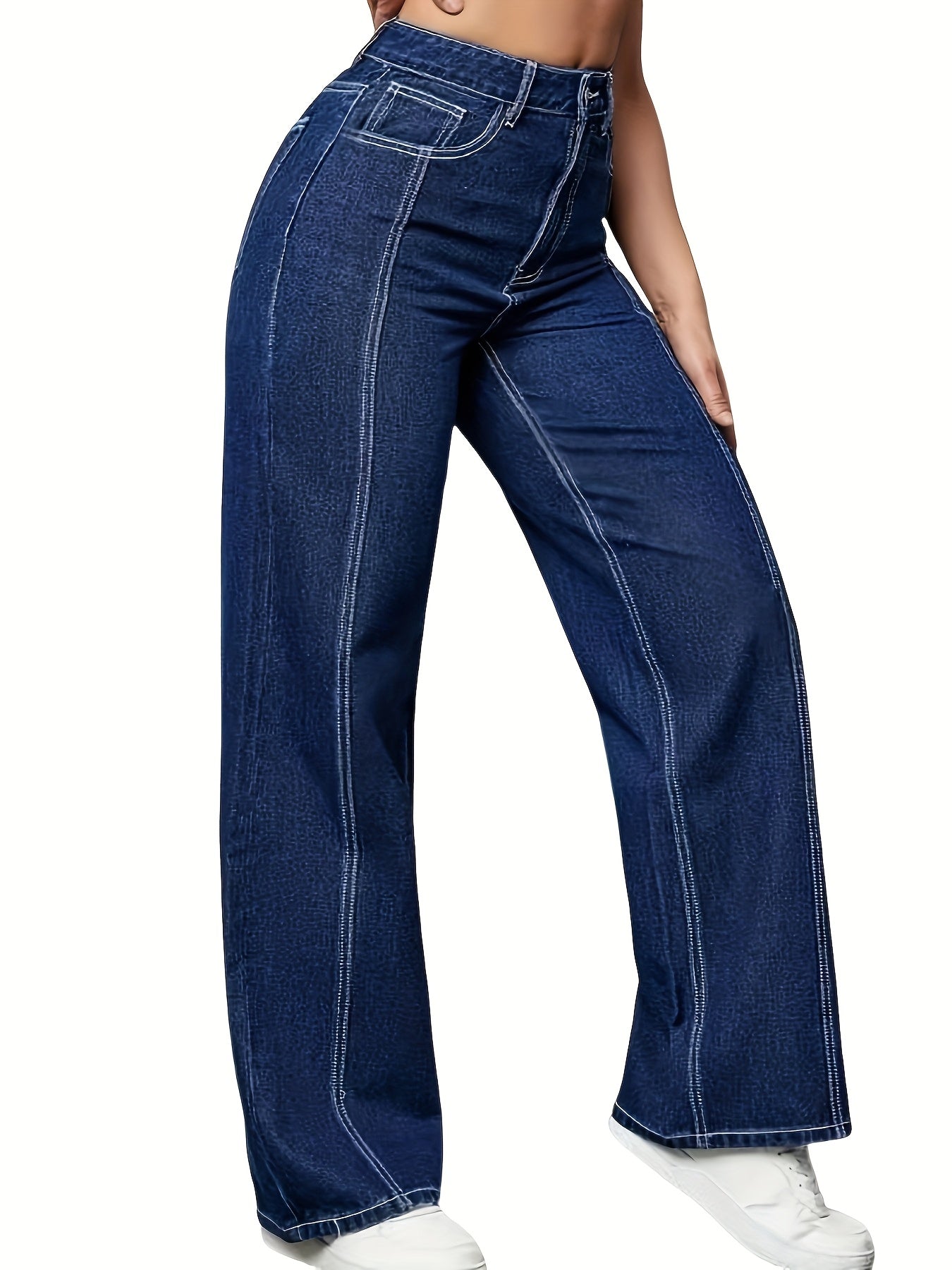 Jeans Femme Grande Taille – Taille Haute, Jambe Droite et Large, Bleu avec Poches Obliques