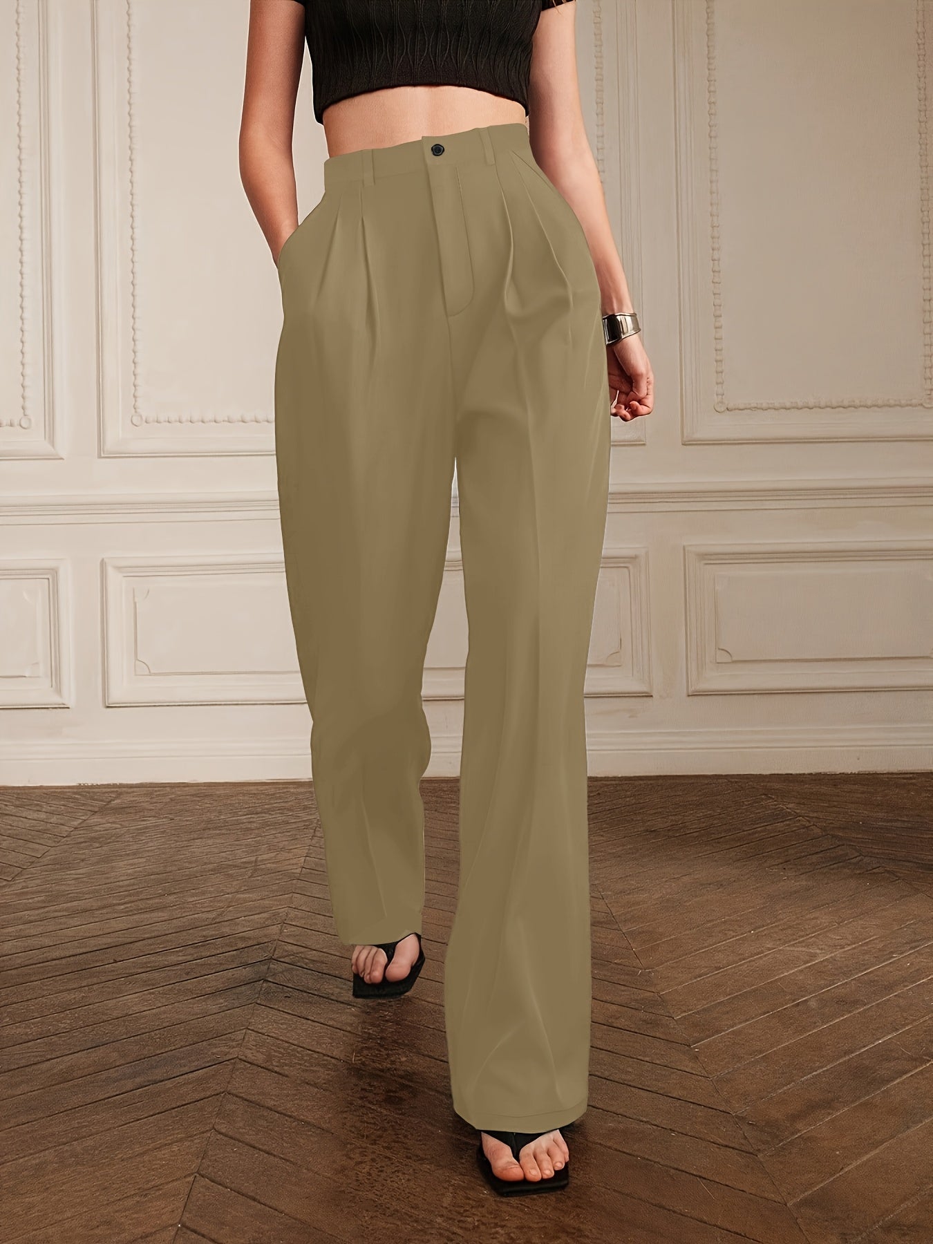 Pantalon Femme Taille Haute – Jambe Droite Noire, Poches Obliques, Bureau et Décontracté