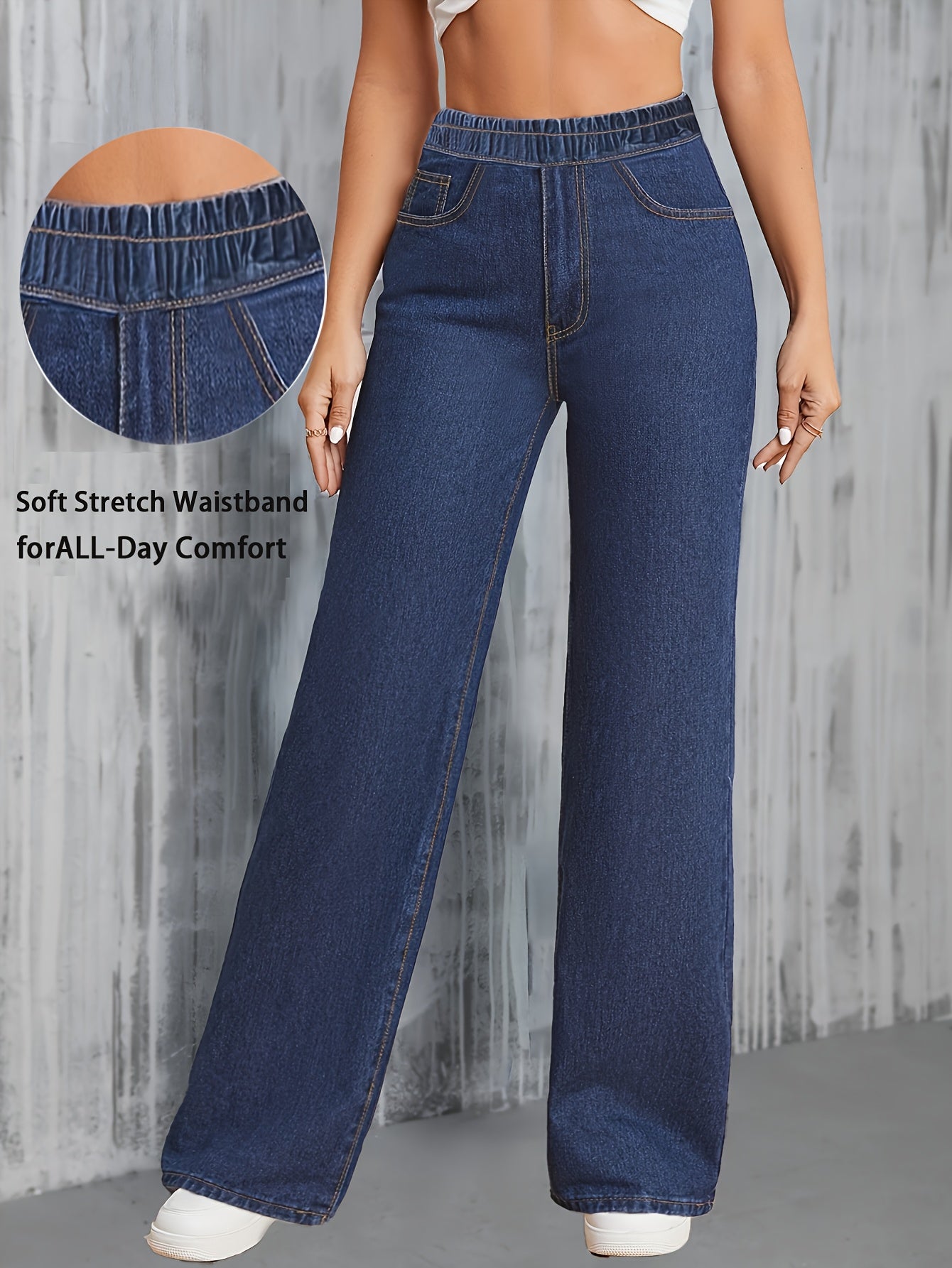 Jeans Femme Taille Haute Jambe Large Extensible Élégant Jambe Droite Poches Ceinture Denim Effet Lavé Toute Saison Décontracté Bureau Voyage