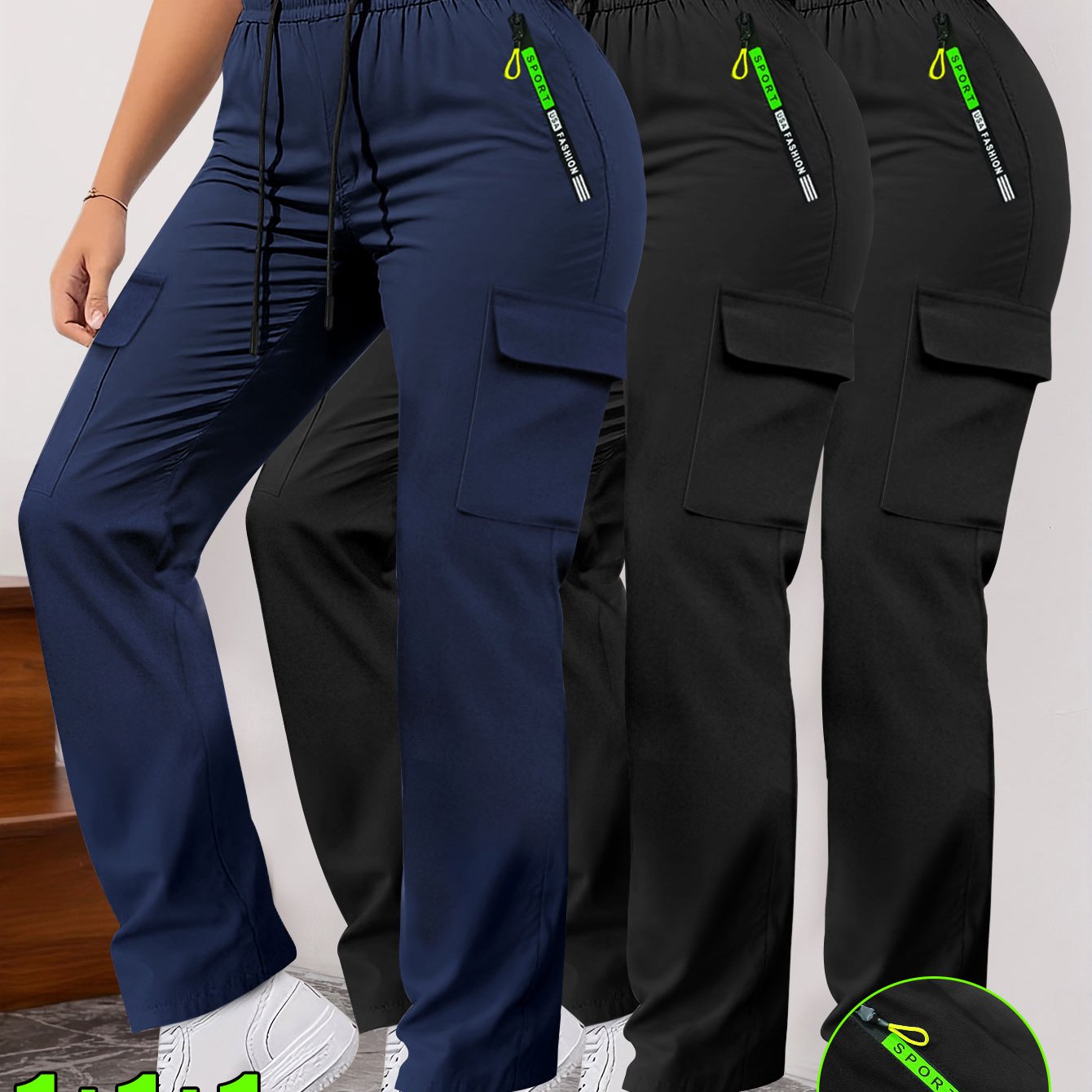 Lot de 3 Pantalons Femme– Poches Zippées et Cargo, Robustes, Sans Extensibilité, Printemps/Automne