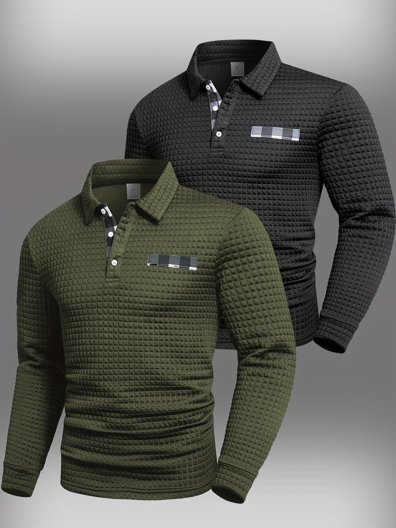 Two Long-Sleeve Polo Shirts with a Digital Print Fabric Featuring a Random Check Pattern, Non-Positioned Plaid Design, Square Check Texture Fabric, Stylish Casual Wear for Everyday Outfits.