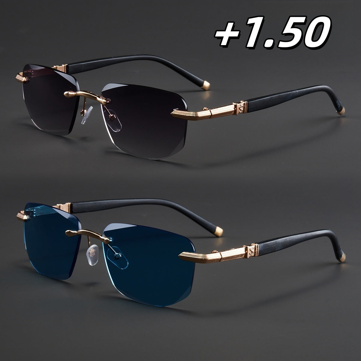 Two Pairs, Bundled Set, Stylish, Men'S, Exquisite, Luxurious, Rimless, Beveled Edge, Reading Glasses, Metal Frame, Options: 100, 150, 200, 250, 300, 350, And 400 Degrees, Without Battery, Christmas Gifts