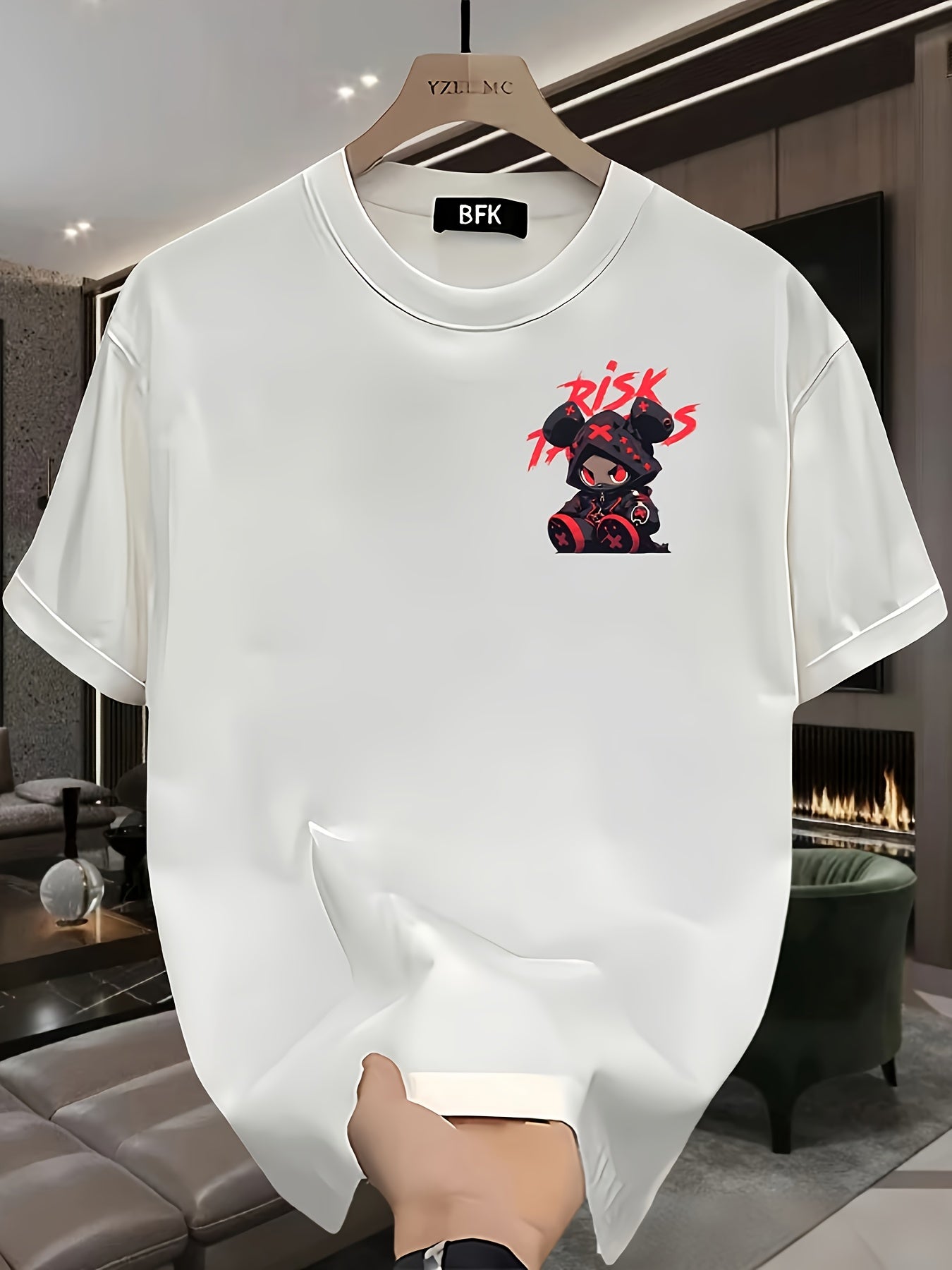 Men's Heavyweight 100% Cotton Oversized T-Shirt with RISK & Japanese Anime Graphic Print - Black & Red Gaming Design, Casual Summer Tee for Anime Fans, Large Size Loose Fit, Machine Washable, Ideal for Valentine's Day, Father