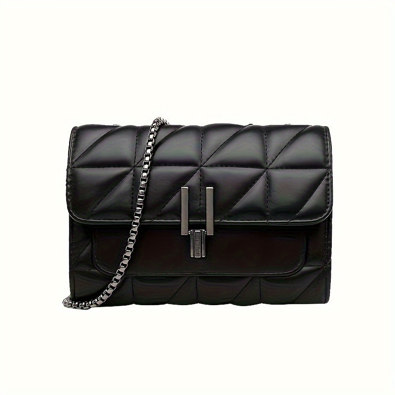 Sac à bandoulière noir élégant en similicuir avec chaîne – style chic, motif à carreaux, fermeture à tourniquet, doublure synthétique, idéal pour les occasions décontractées et formelles.