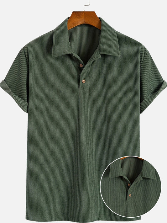 Men's Fashion Stretch Corduroy Shirt, Light Beige-Friendly Breathable Fabric with Turn- Collar and 4/1 Button Half Placket for Casual Streetwear Summer New Arrival in Military Green