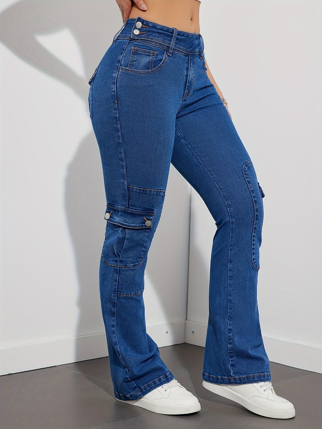 Jeans Femme Taille Mi-Haute Évasé Extensible Poches Rabat Décontracté Bootcut Denim Polyvalent