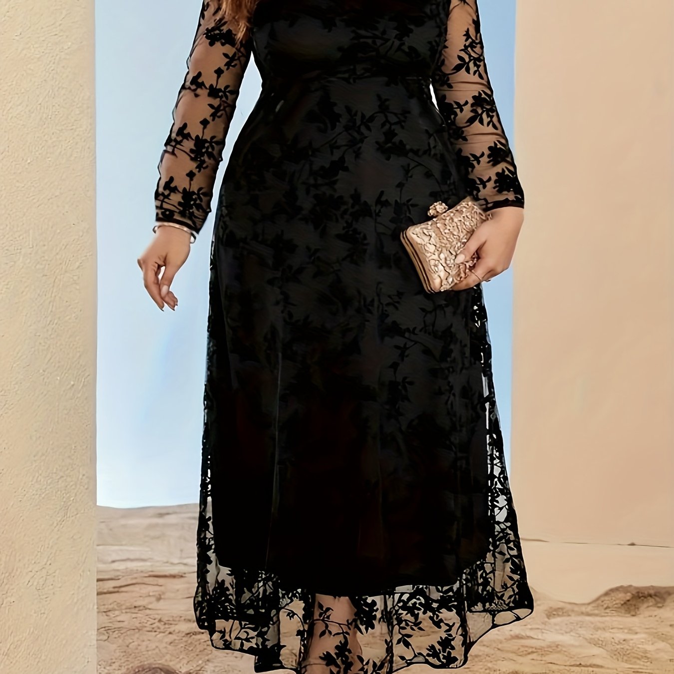 Robe Grande Taille Élégante – Imprimé, Manches Longues, Ourlet en Mesh Flocké, Haut Bodycon et Jupe Évasée en Forme de Cloche, Toutes Saisons, Tenues de Fête, Couture de Qualité, Tissu Respirant