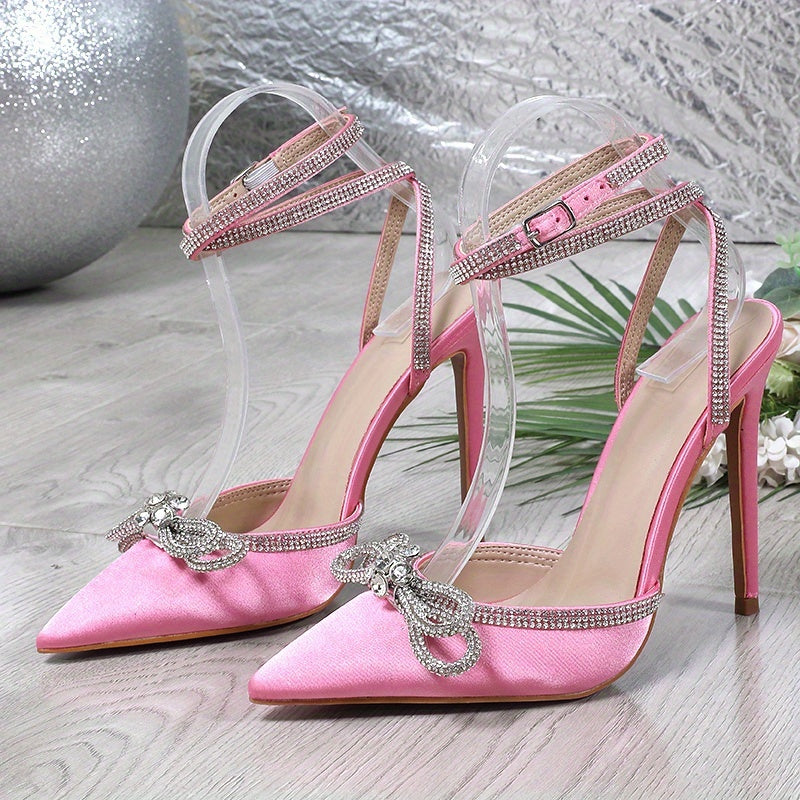 Nouveaux Escarpins Femme – Talons Aiguilles Sexy, Bout Pointu, Nœud Décoratif et Strass, Bride Cheville, Dos Nu