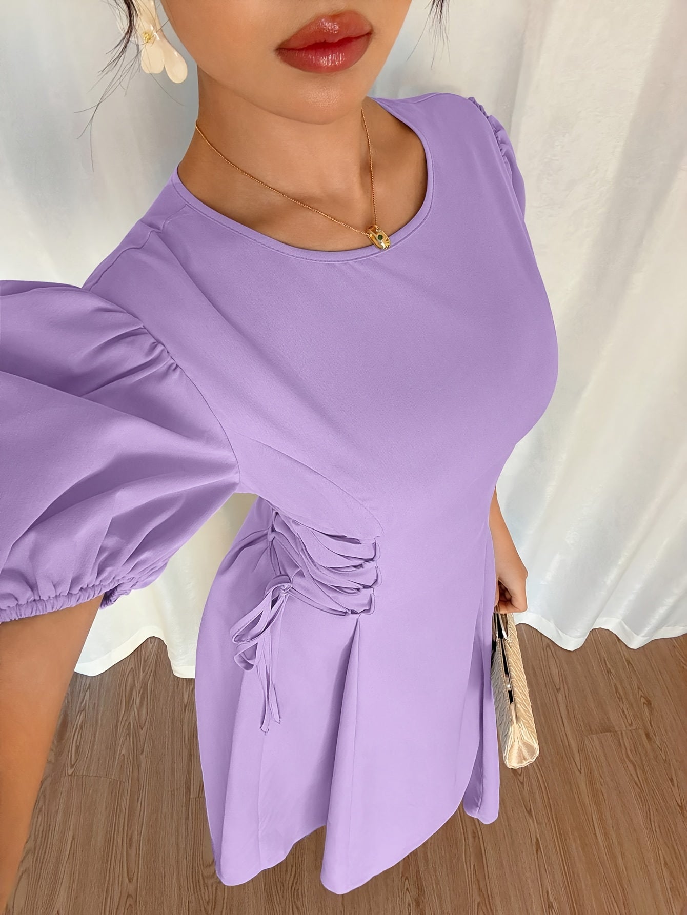 Solid Color Long Dress with Puff Sleeves, Ruffles, and Tie, Suitable for Vacation, Banquet, Party, Formal Wear, and Elegant Dress