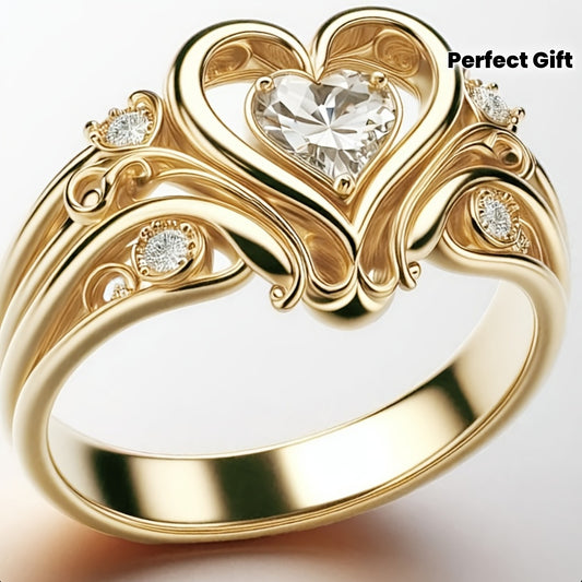 Elegant 18K Golden-Plated Heart-Shaped Copper Ring with Cubic Synthetic Zirconia - Perfect Gift for Valentine'S Day, Birthdays, Christmas & Anniversaries, Romantic Jewelry for Couples