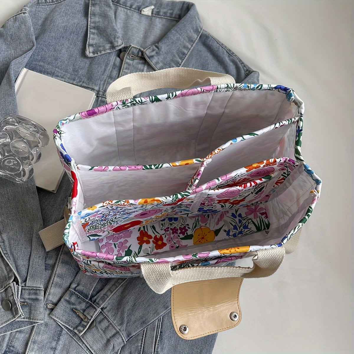 Sac Femme Grande Capacité – Imprimé Tournesol, Cabas et Bandoulière, Bandoulière Longue Ajustable, Matériel Doré, Multi-Compartiments, Tissu Durable pour Travail et Voyage